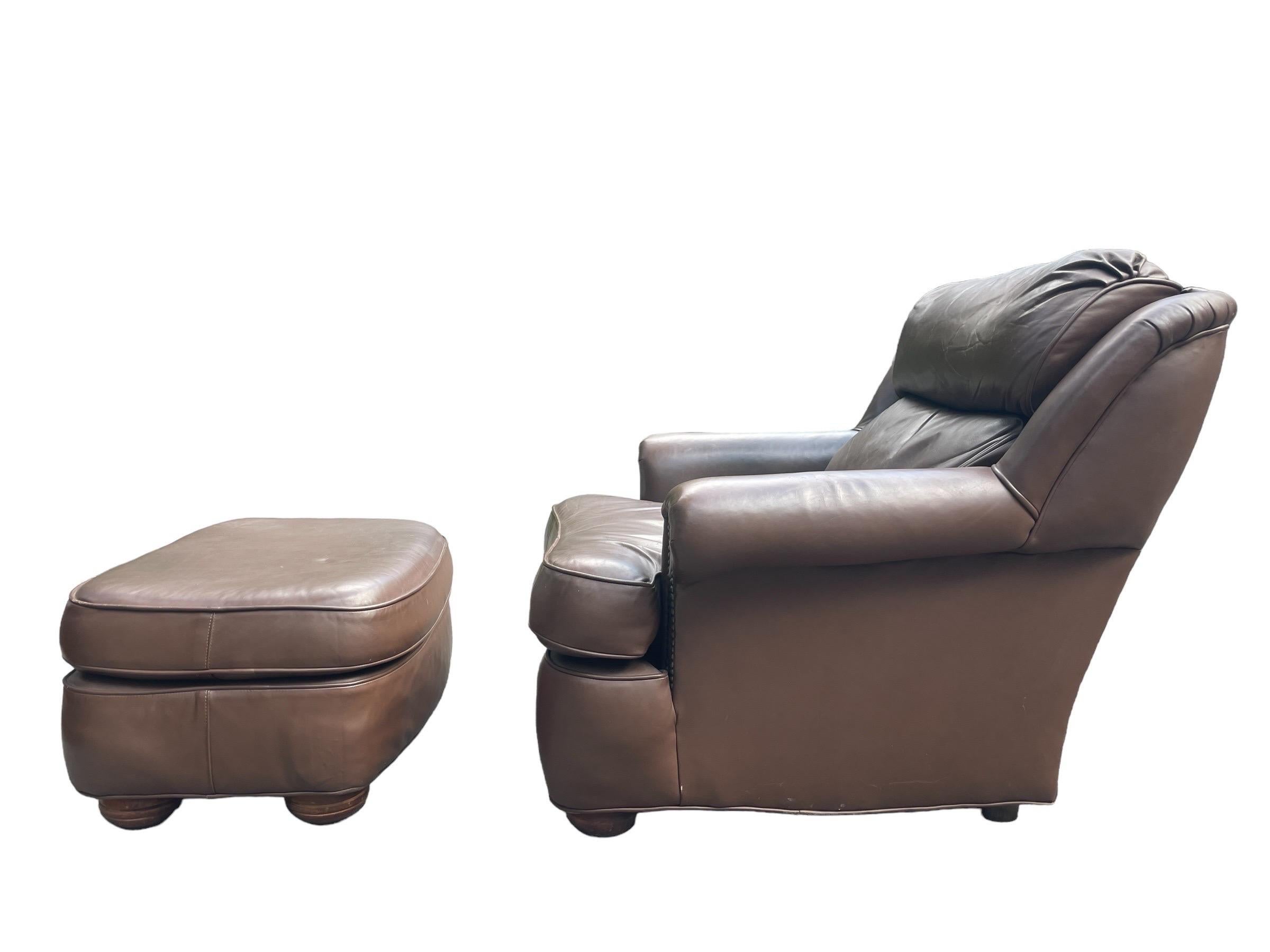 Mid-Century Modern Brown Leather Armchair Hancock and Moore Style Leather Club Chair With Ottoman For Sale