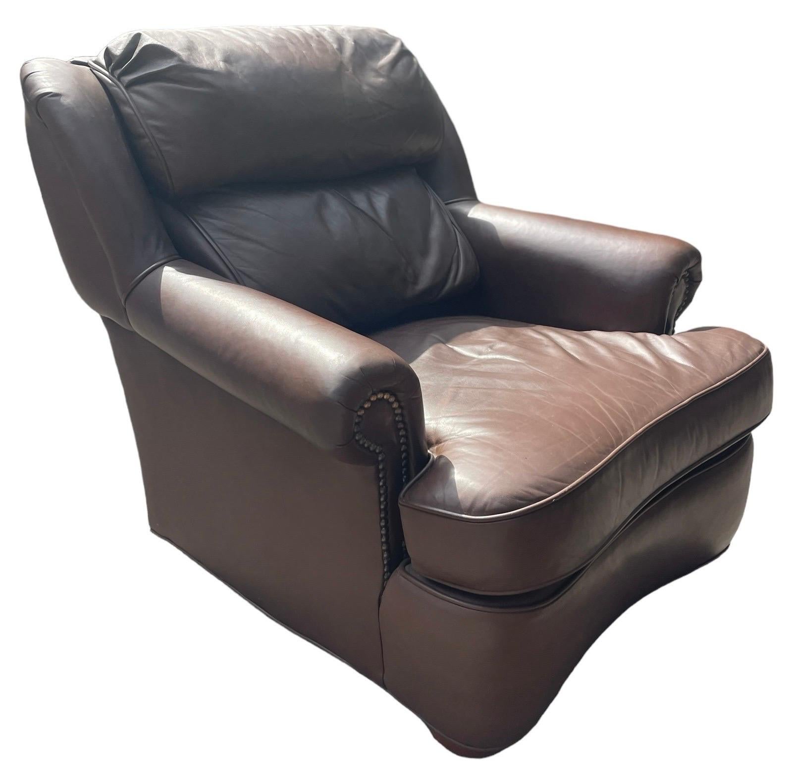 American Brown Leather Armchair Hancock and Moore Style Leather Club Chair With Ottoman For Sale