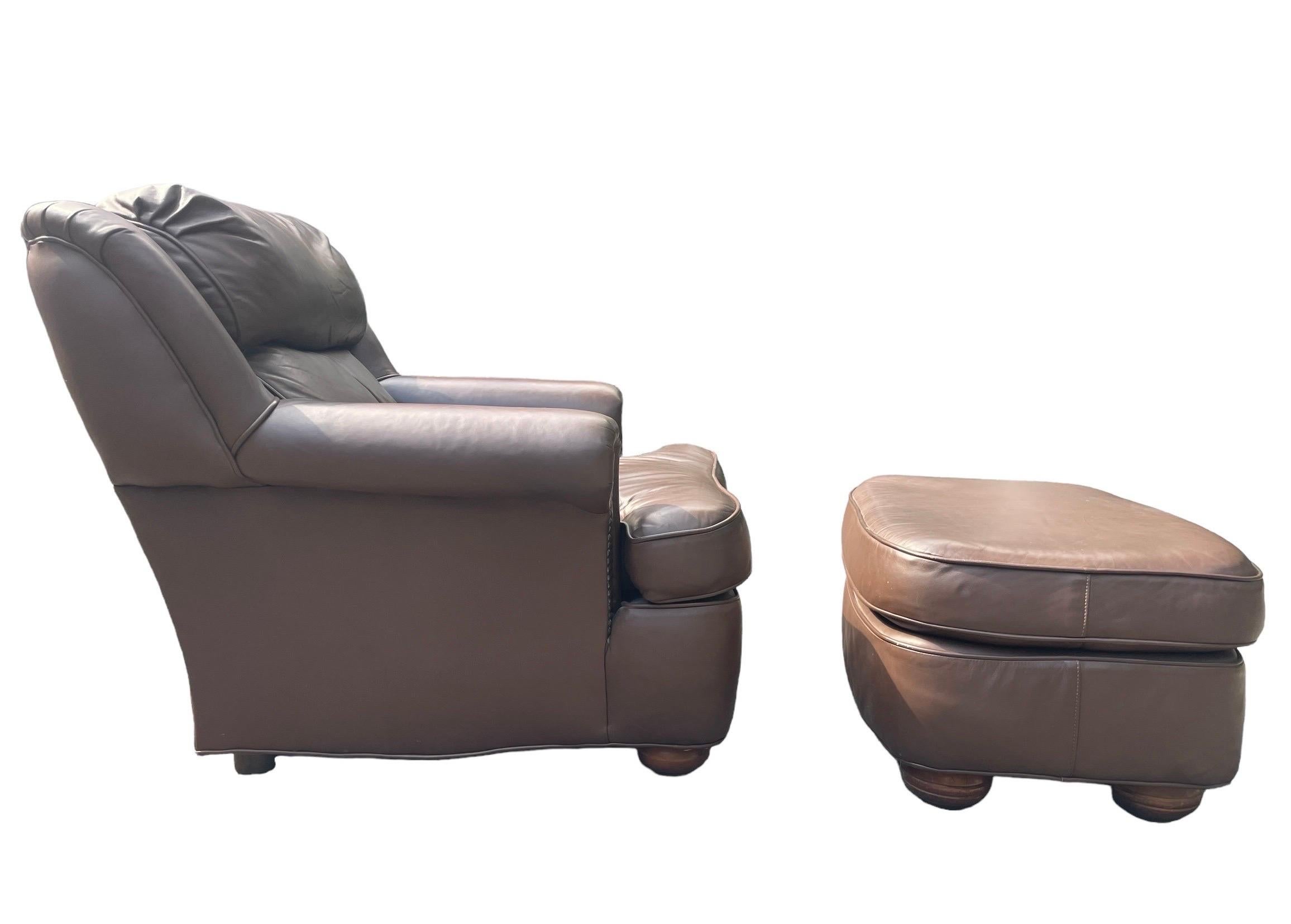 Brown Leather Armchair Hancock and Moore Style Leather Club Chair With Ottoman In Good Condition For Sale In Rochester, NY