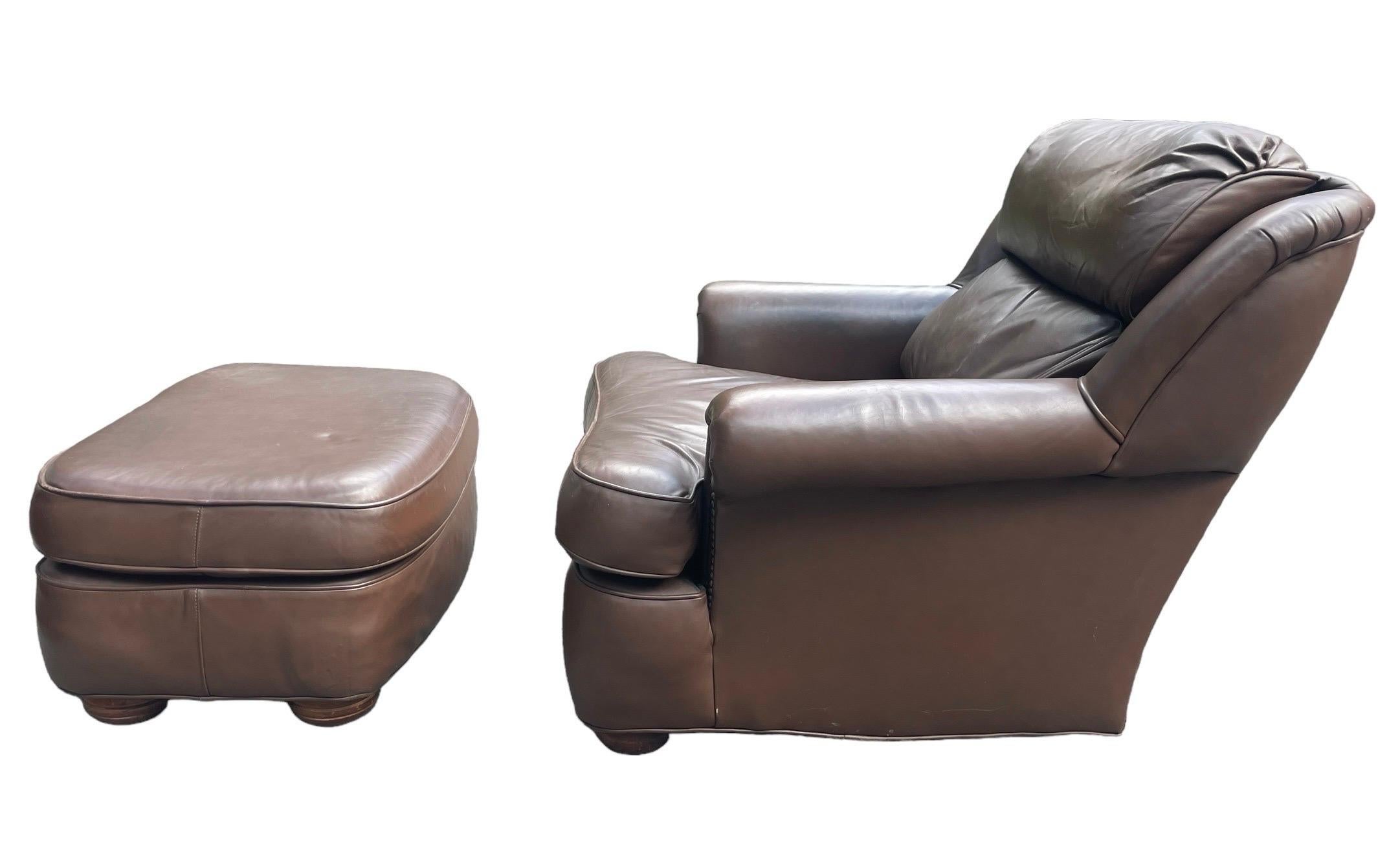 Brown Leather Armchair Hancock and Moore Style Leather Club Chair With Ottoman For Sale 2