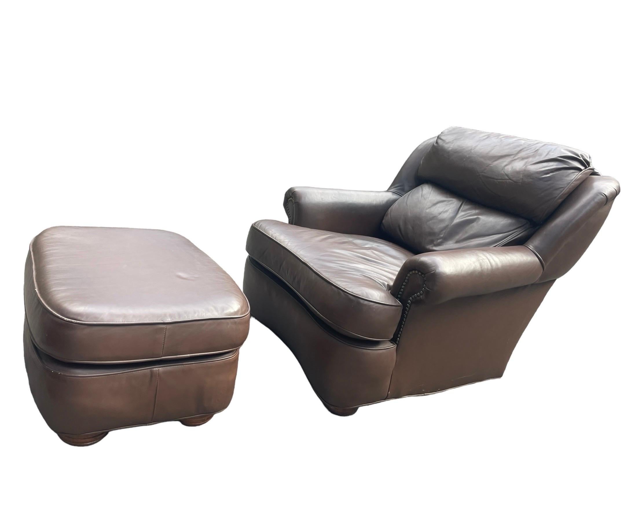 Brown Leather Armchair Hancock and Moore Style Leather Club Chair With Ottoman For Sale 3