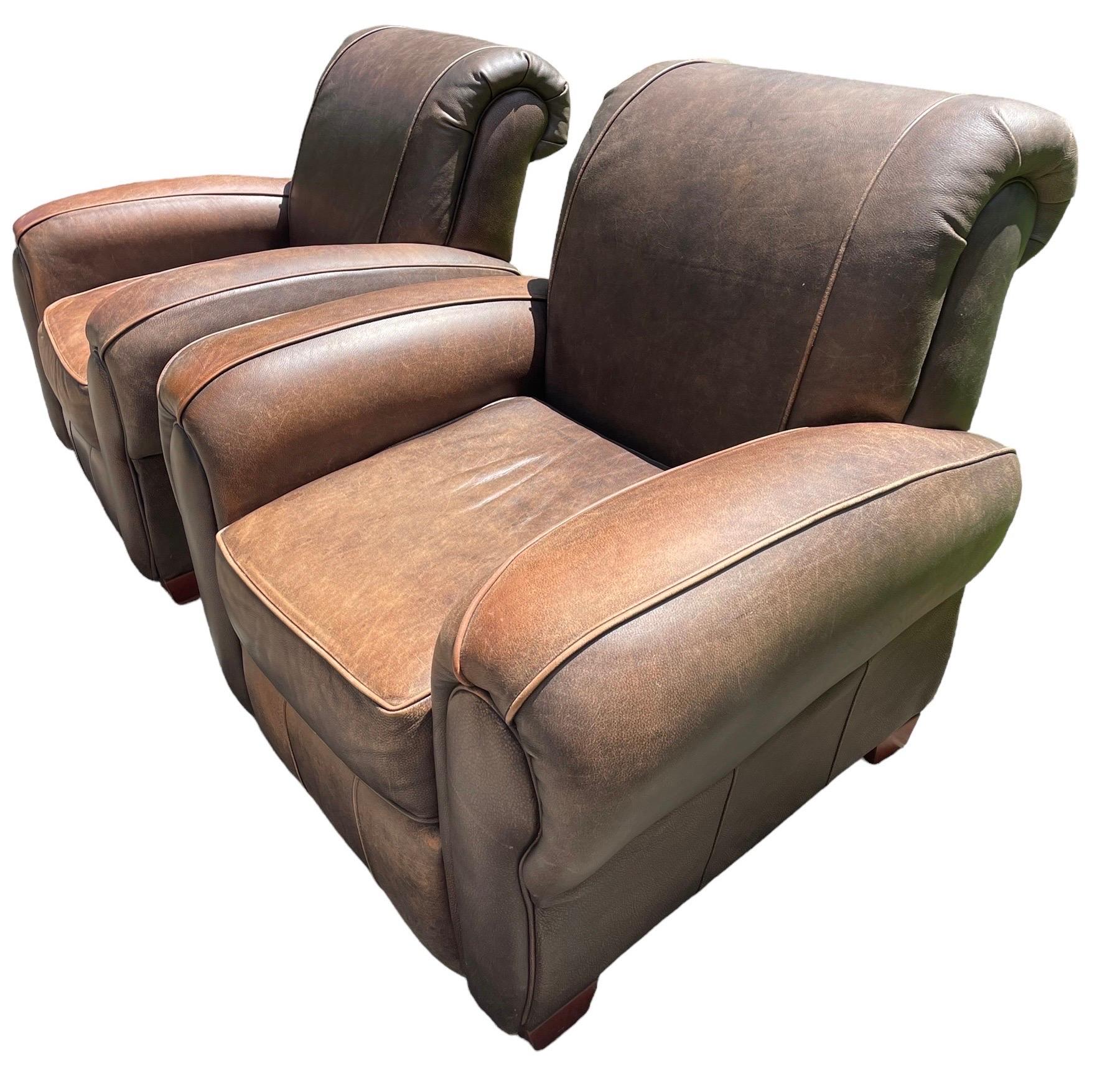 Brown Leather Armchair Pair Vintage Klaussner Brand Recliners In Good Condition In Rochester, NY