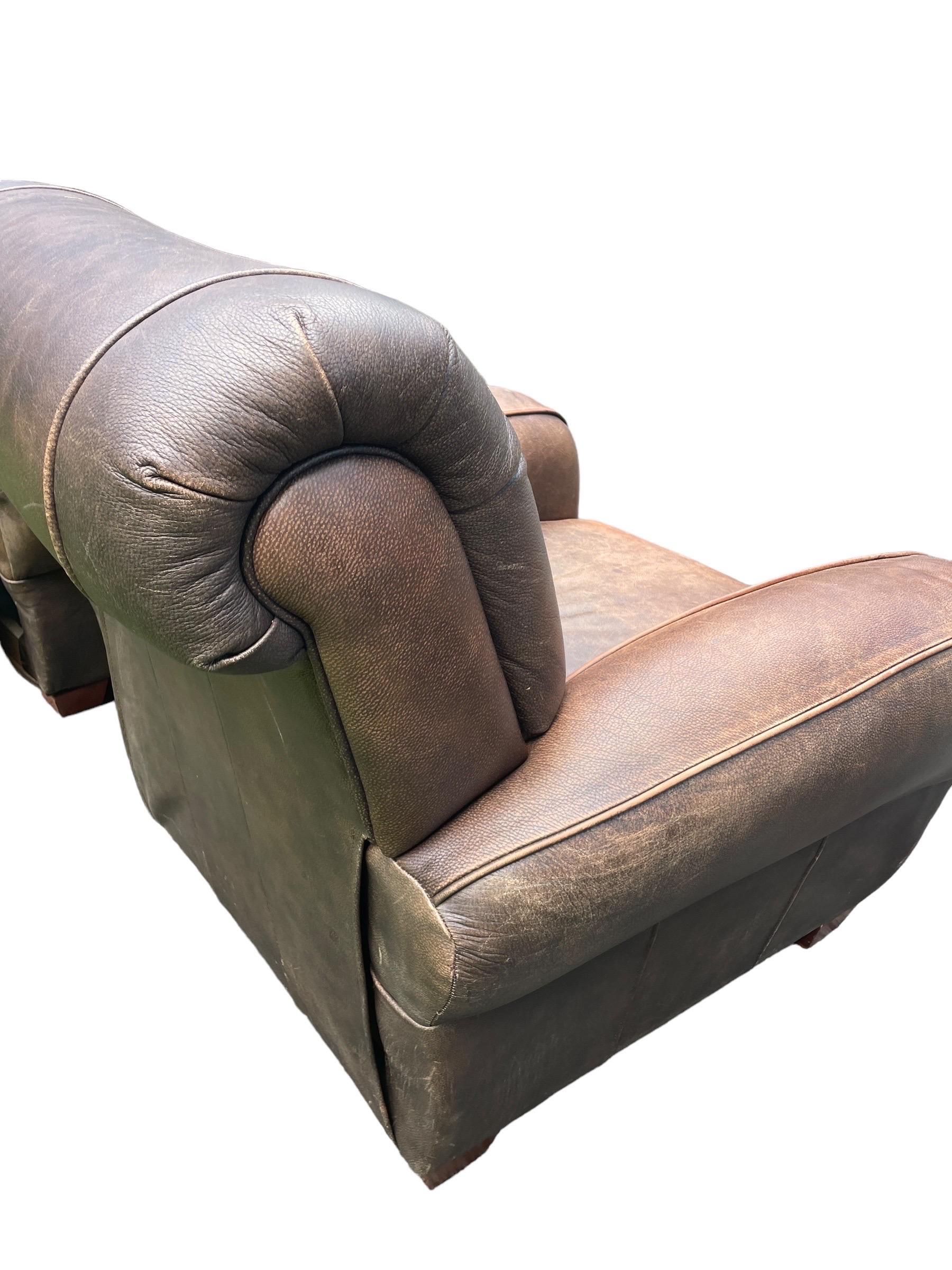 20th Century Brown Leather Armchair Pair Vintage Klaussner Brand Recliners