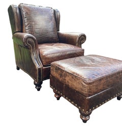 Brown Leather Armchair With Ottoman by Bradington Young Croc Embossed Leather