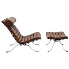 Brown Leather Arne Norell Ari Lounge Chair and Ottoman