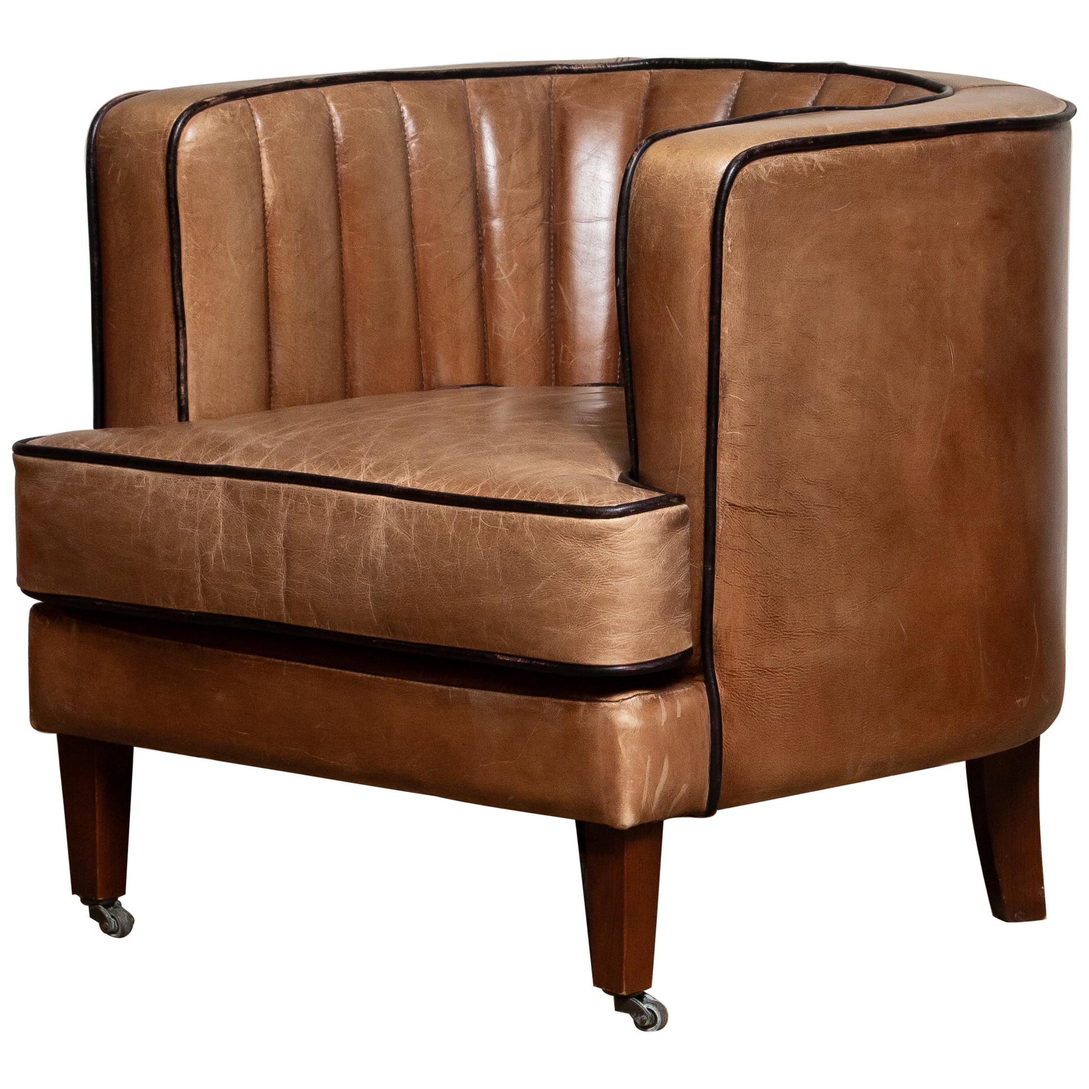 Danish Brown Leather Art Deco Club Lounge Chair, Denmark, 1950s