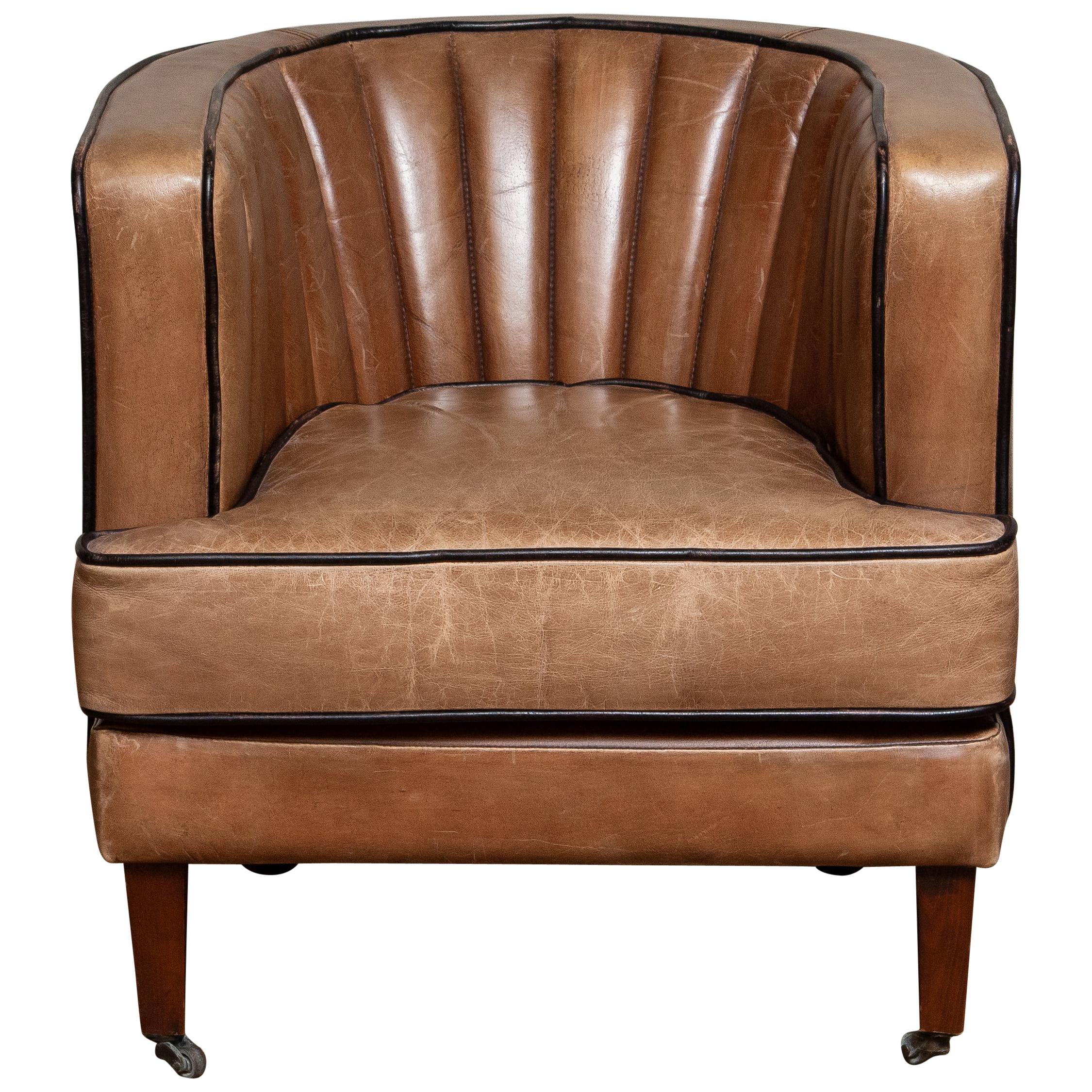 Danish Brown Leather Art Deco Club Lounge Chair, Denmark, 1950s