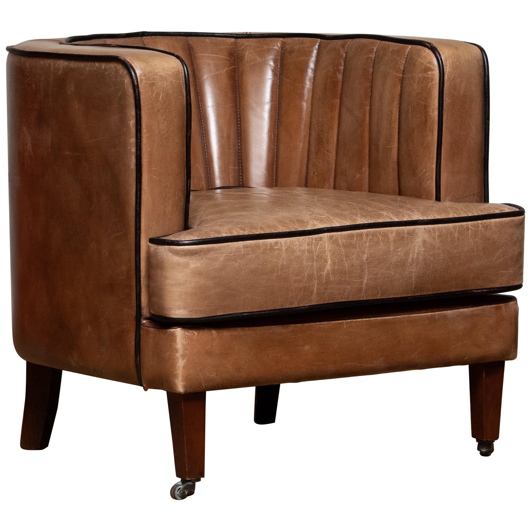Brown Leather Art Deco Club Lounge Chair, Denmark, 1950s In Good Condition In Silvolde, Gelderland