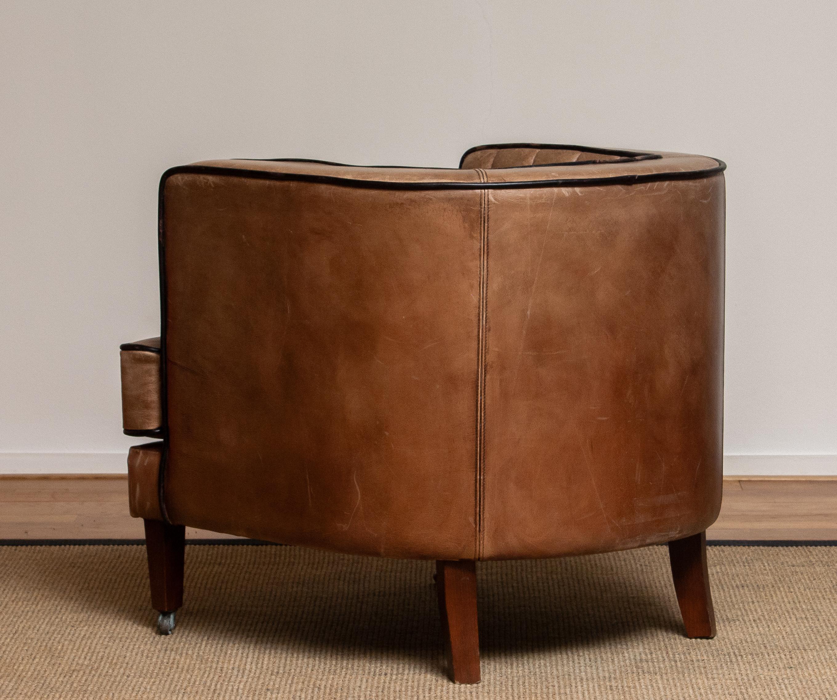 Mid-20th Century Brown Leather Art Deco Club Lounge Chair, Denmark, 1950s