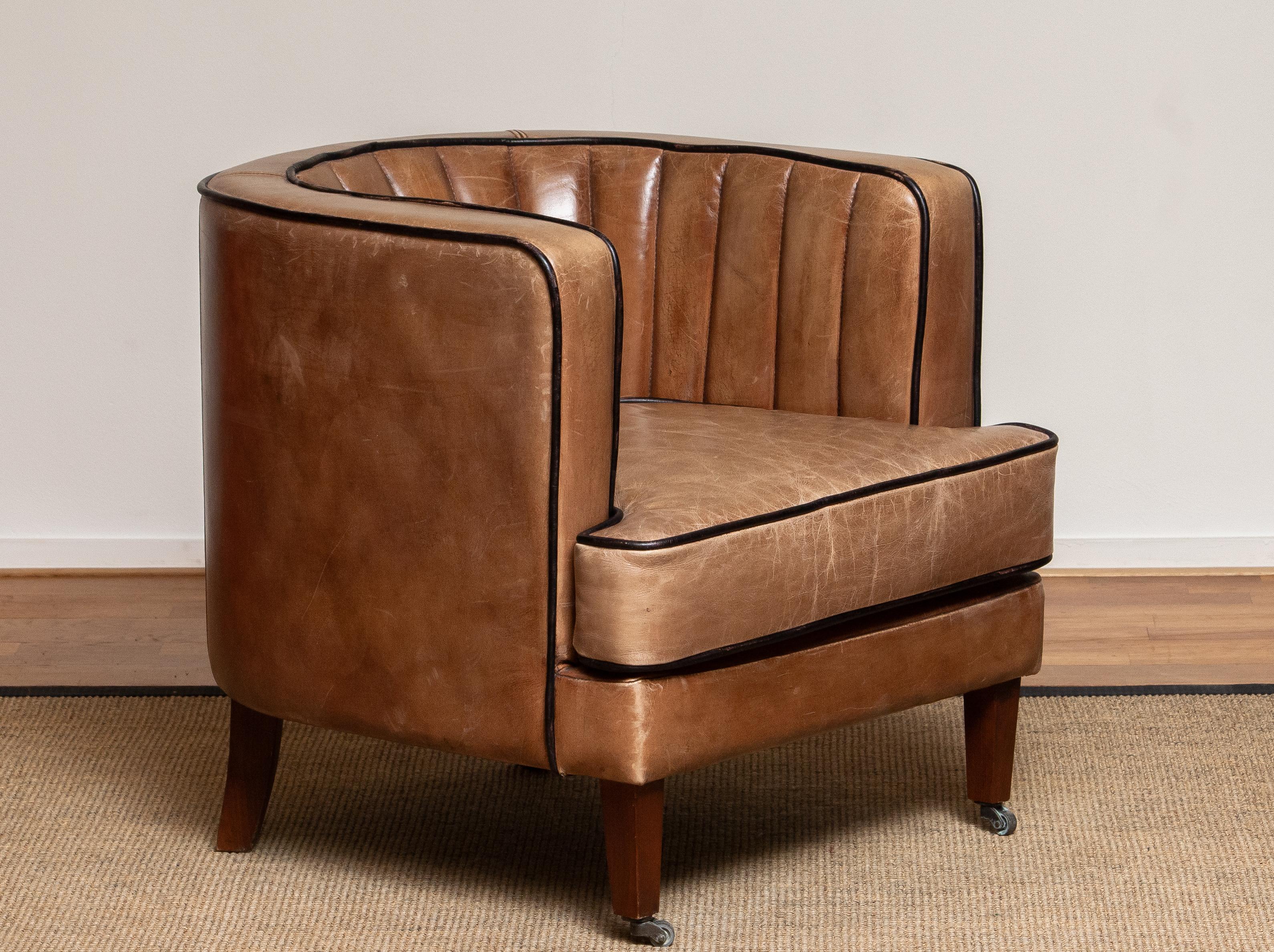 Brown Leather Art Deco Club Lounge Chair, Denmark, 1950s 3