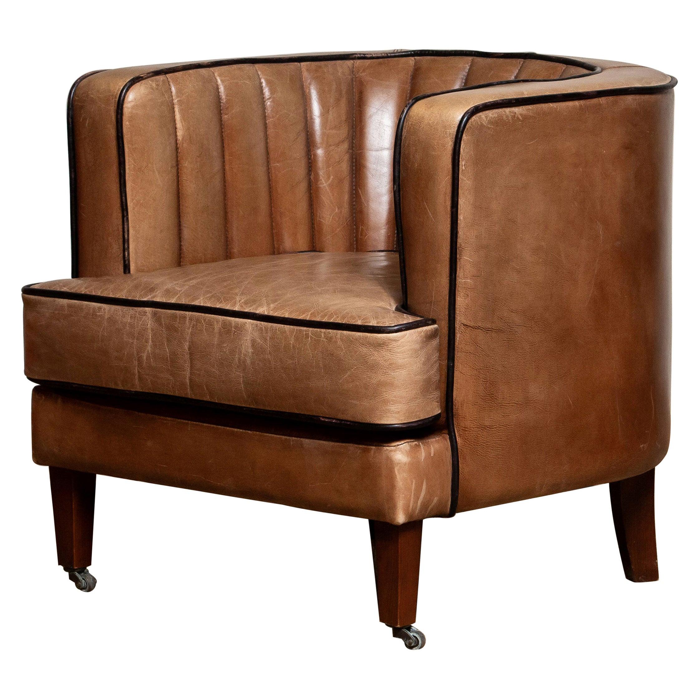 Brown Leather Art Deco Club Lounge Chair, Denmark, 1950s For Sale at