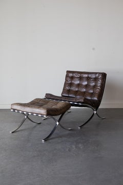 Brown Leather Barcelona Lounge Chair & Ottoman By Mies van der Rohe for Knoll
