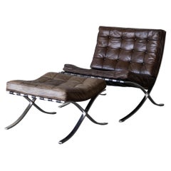Brown Leather Barcelona Lounge Chair & Ottoman By Mies van der Rohe for Knoll