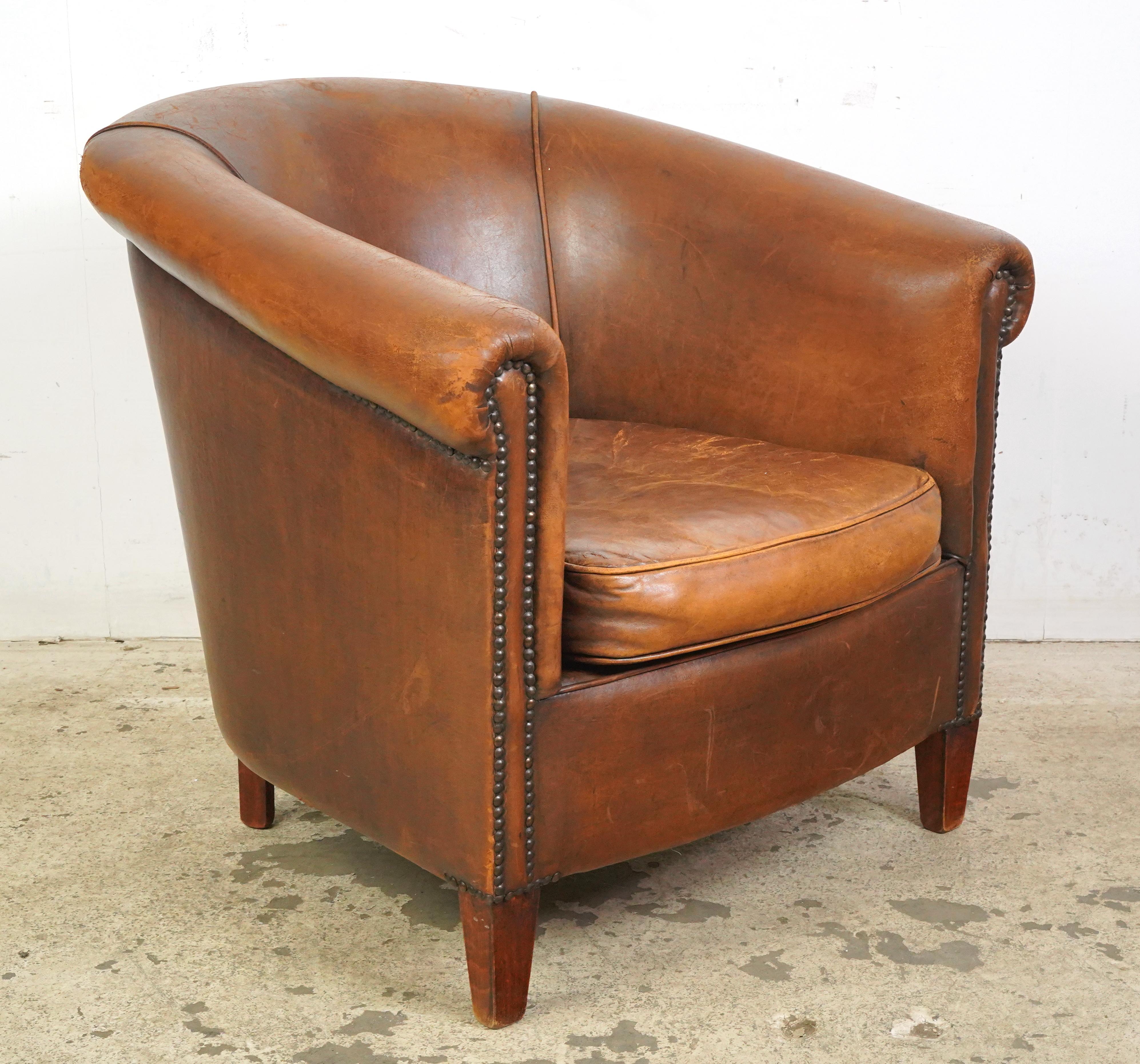 French Brown Leather Barrel European Club Chair For Sale