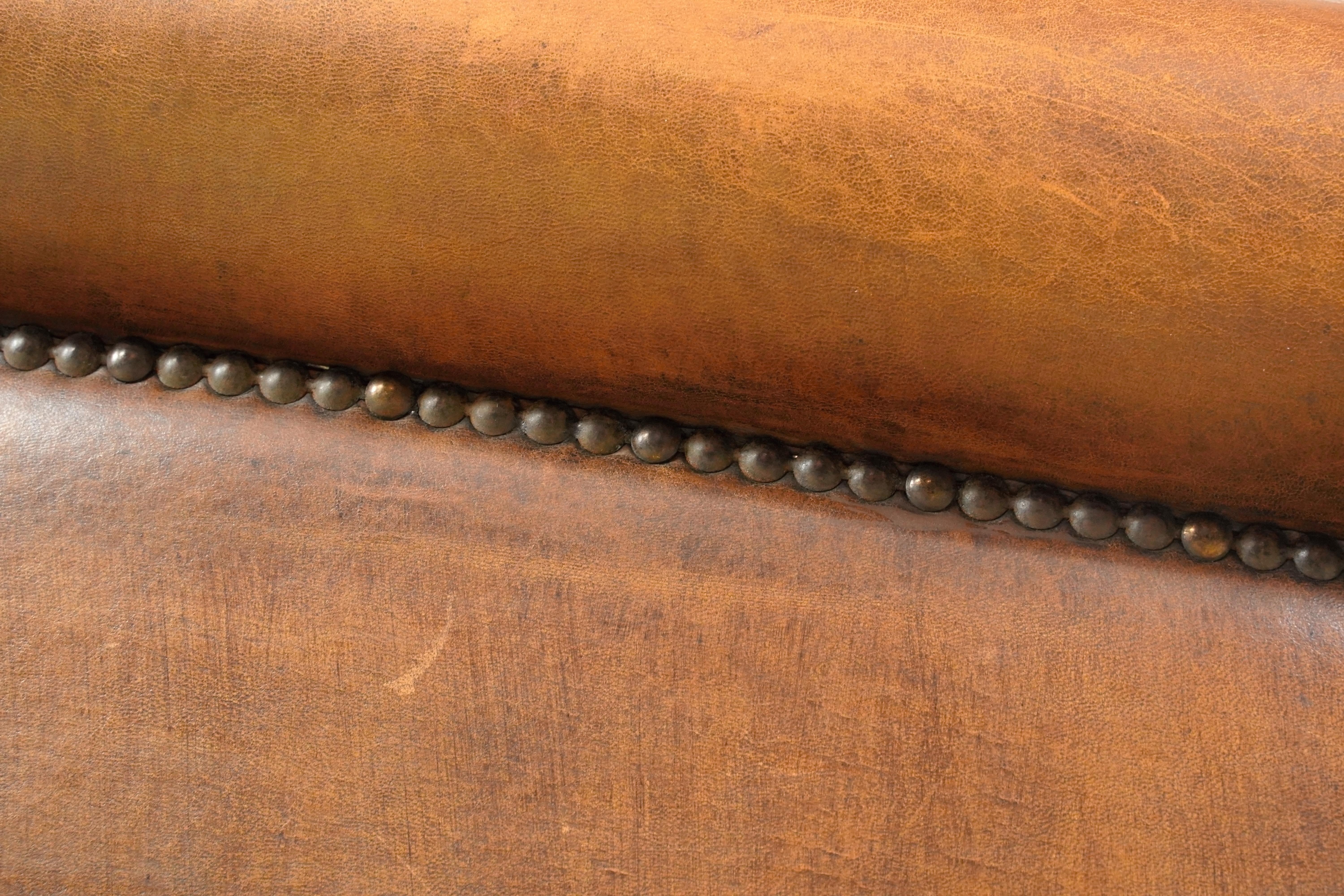 Steel Brown Leather Barrel European Club Chair For Sale