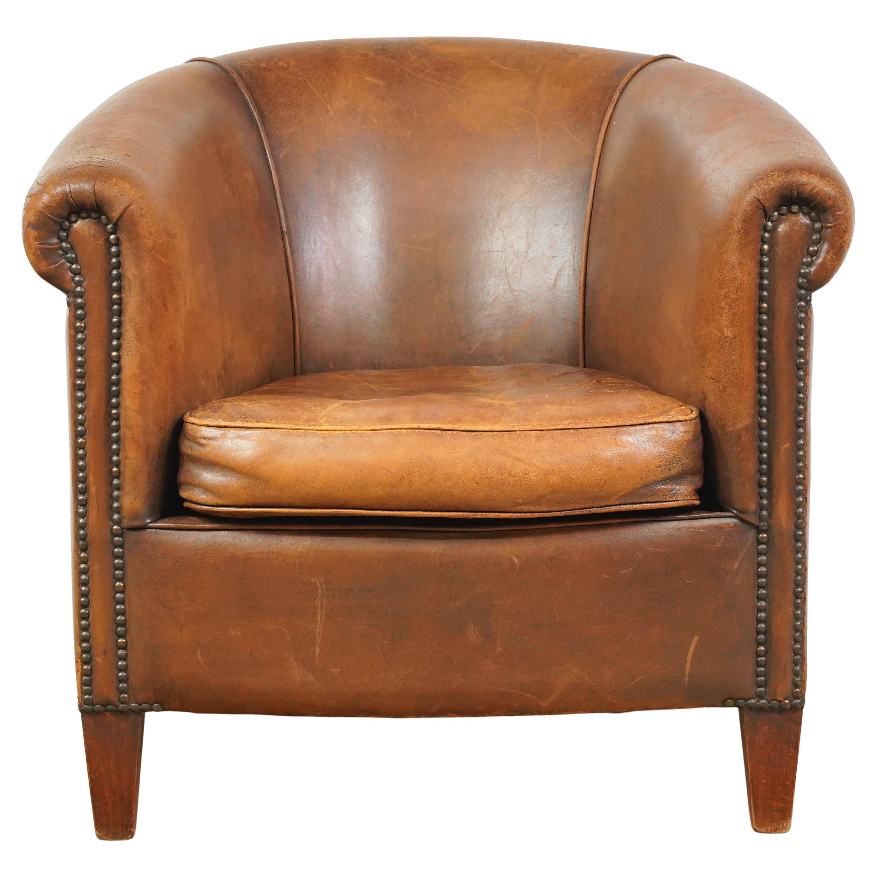Brown Leather Barrel European Club Chair