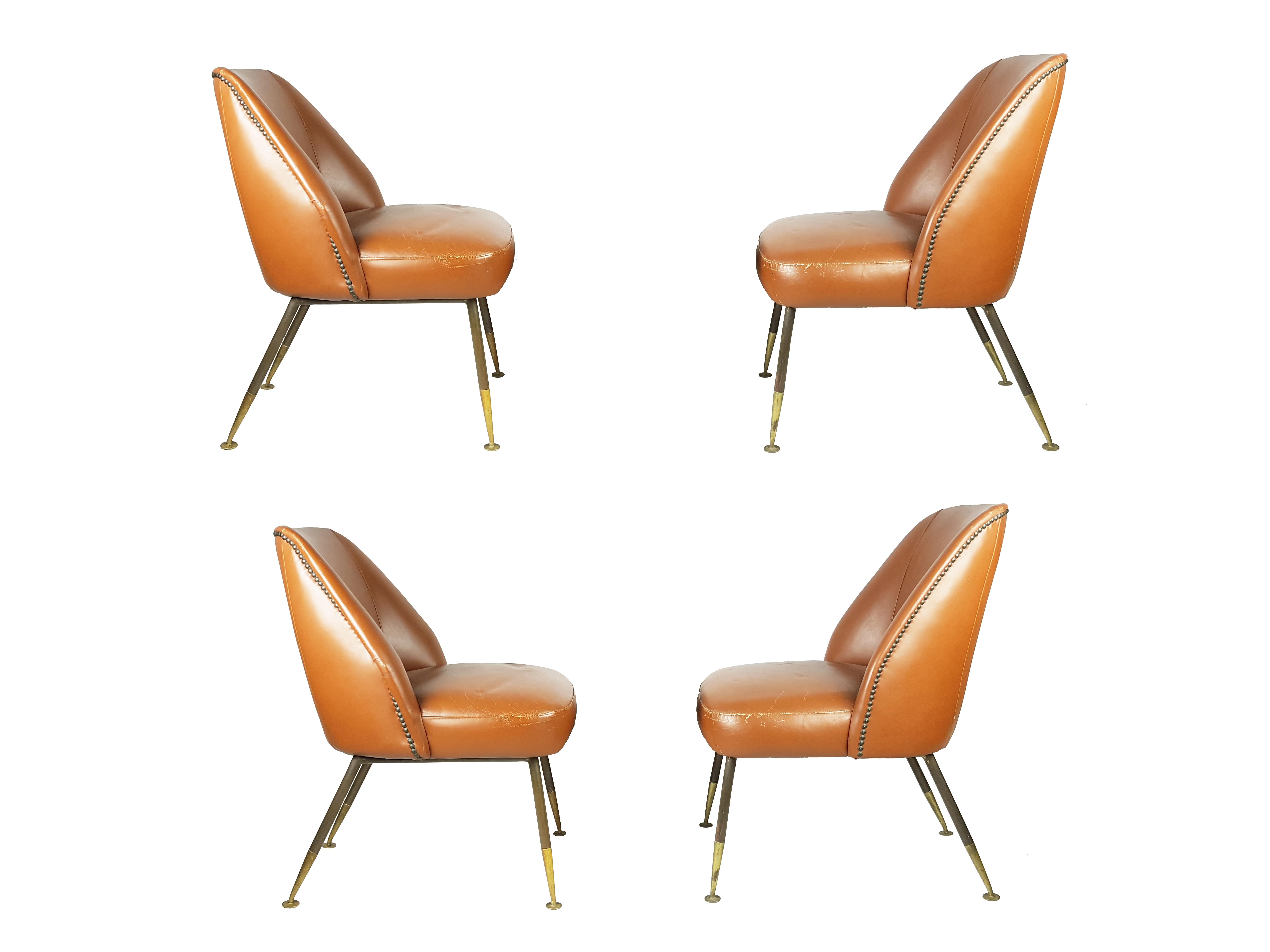2 Brown leather & brass Campanula Armchairs by C. Pagani for Arflex, 1952 For Sale 3