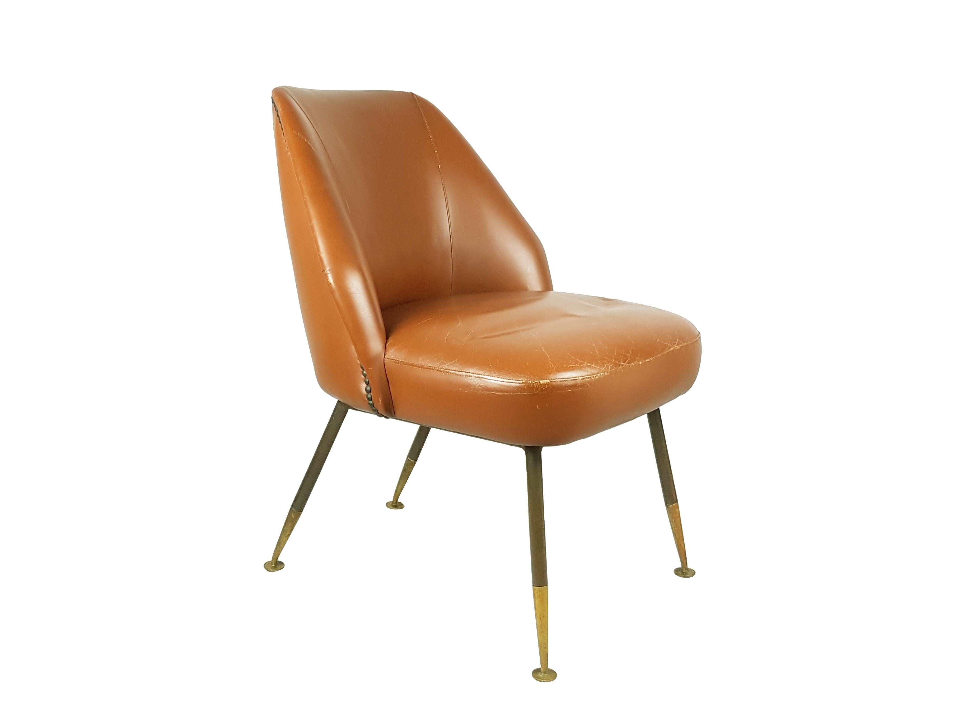 Mid-20th Century 2 Brown leather & brass Campanula Armchairs by C. Pagani for Arflex, 1952 For Sale