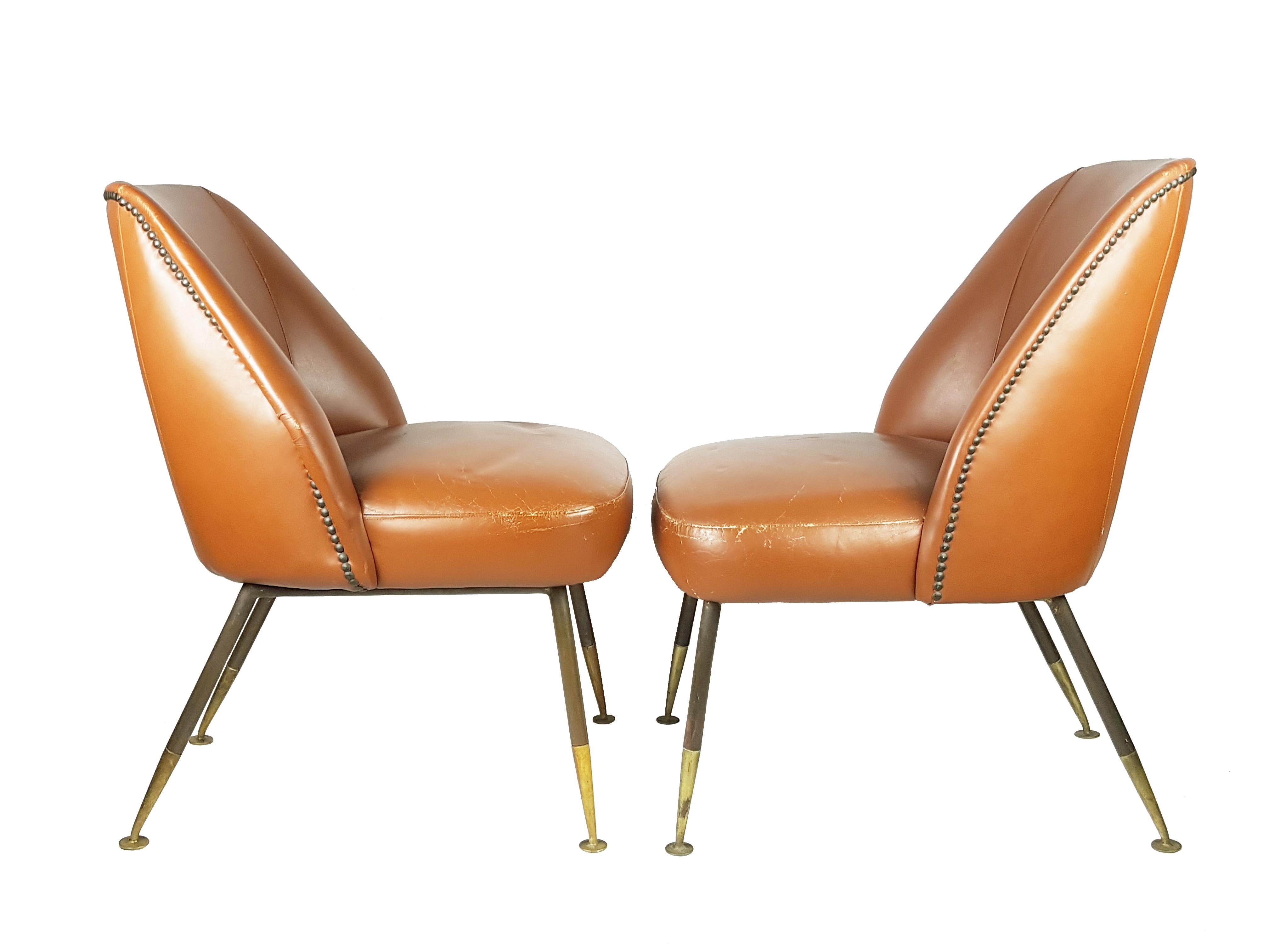 2 Brown leather & brass Campanula Armchairs by C. Pagani for Arflex, 1952 For Sale 2