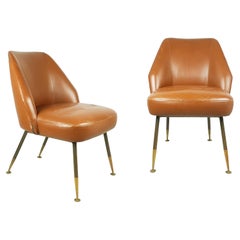 2 Brown leather & brass Campanula Armchairs by C. Pagani for Arflex, 1952