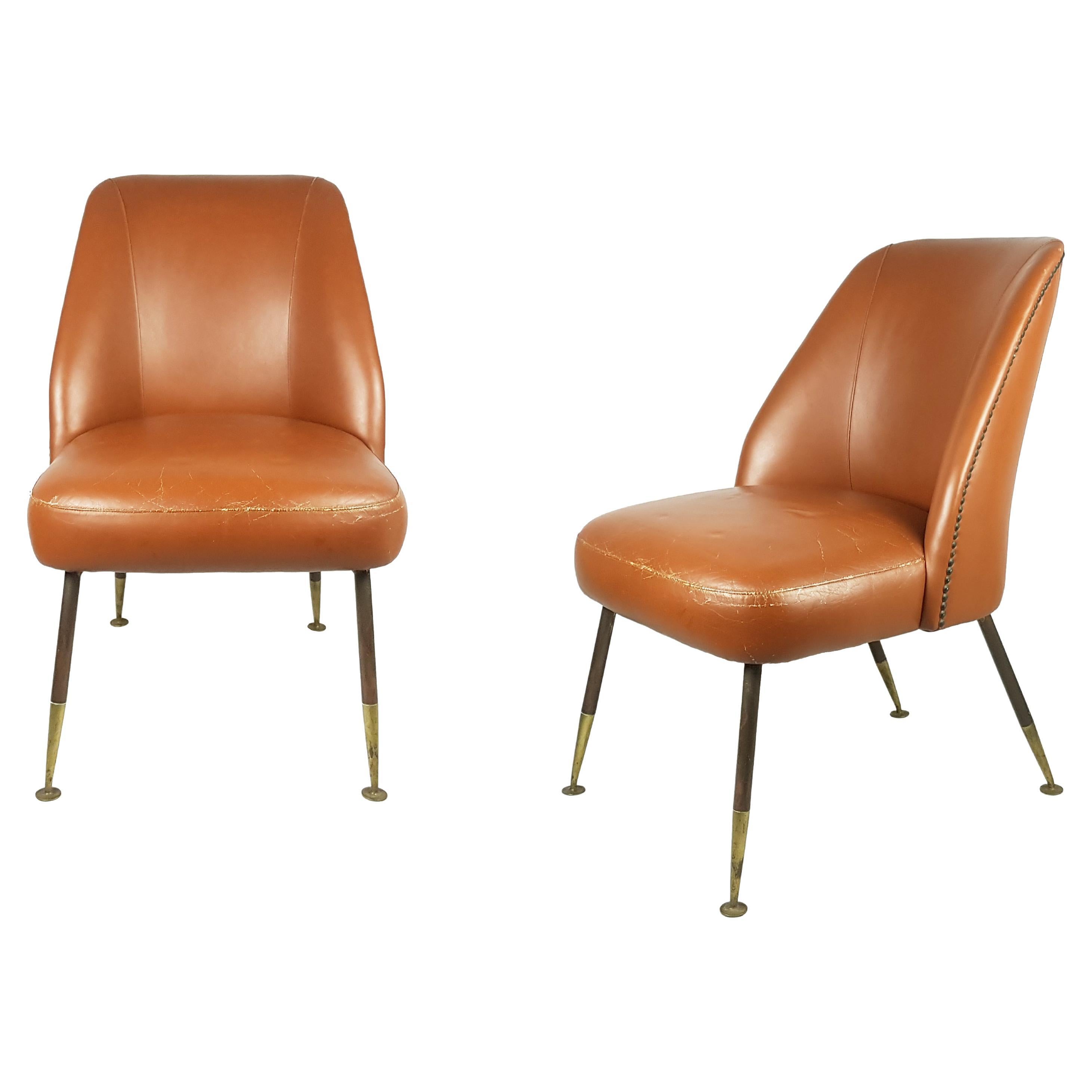 Brown Leather & Brass "Campanula" Chairs by C. Pagani for Arflex, 1952, Set of 2