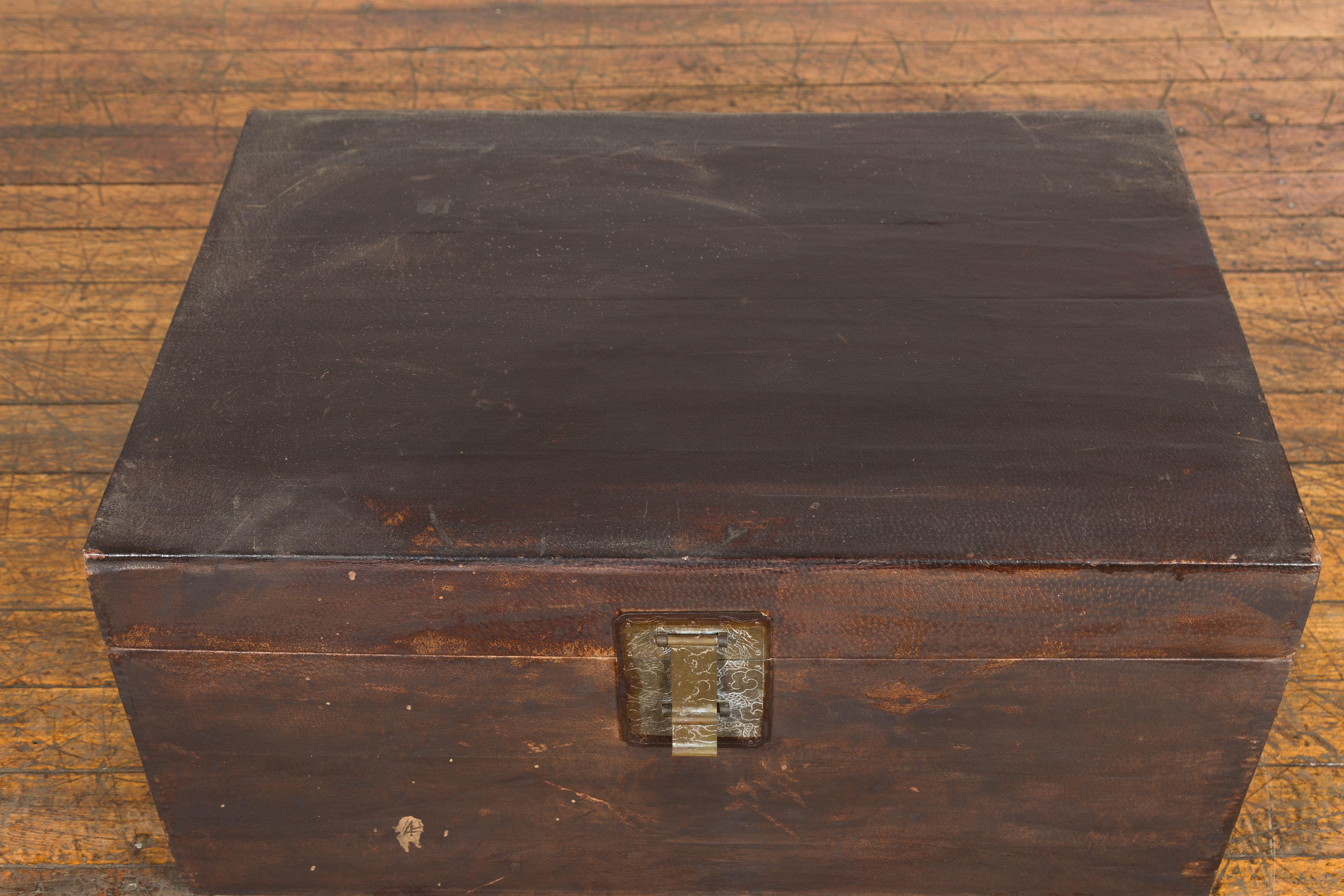 Brown Leather Brown Trunk with Etched Brass Lock and Distressed Patina For Sale 4
