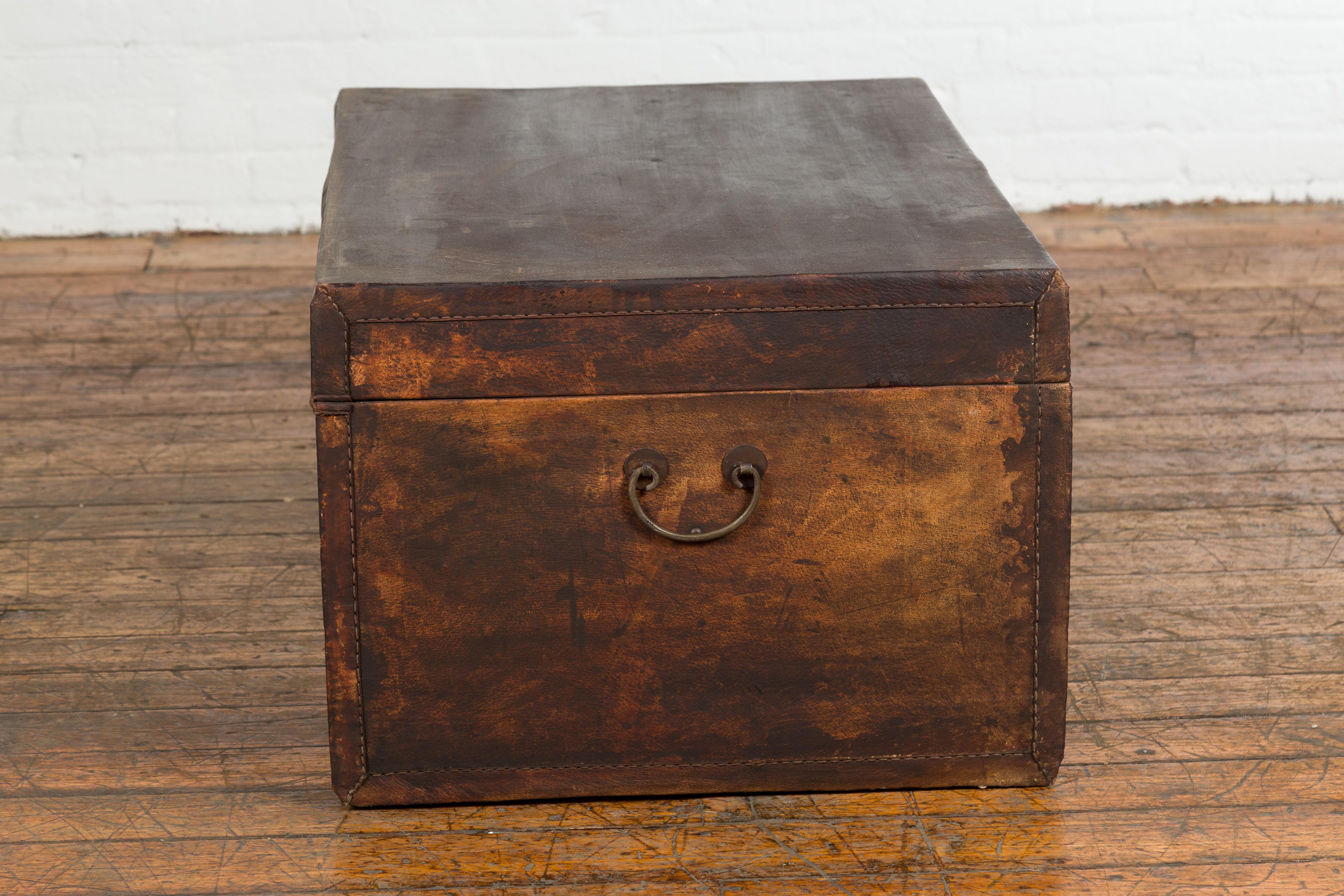 Brown Leather Brown Trunk with Etched Brass Lock and Distressed Patina For Sale 8