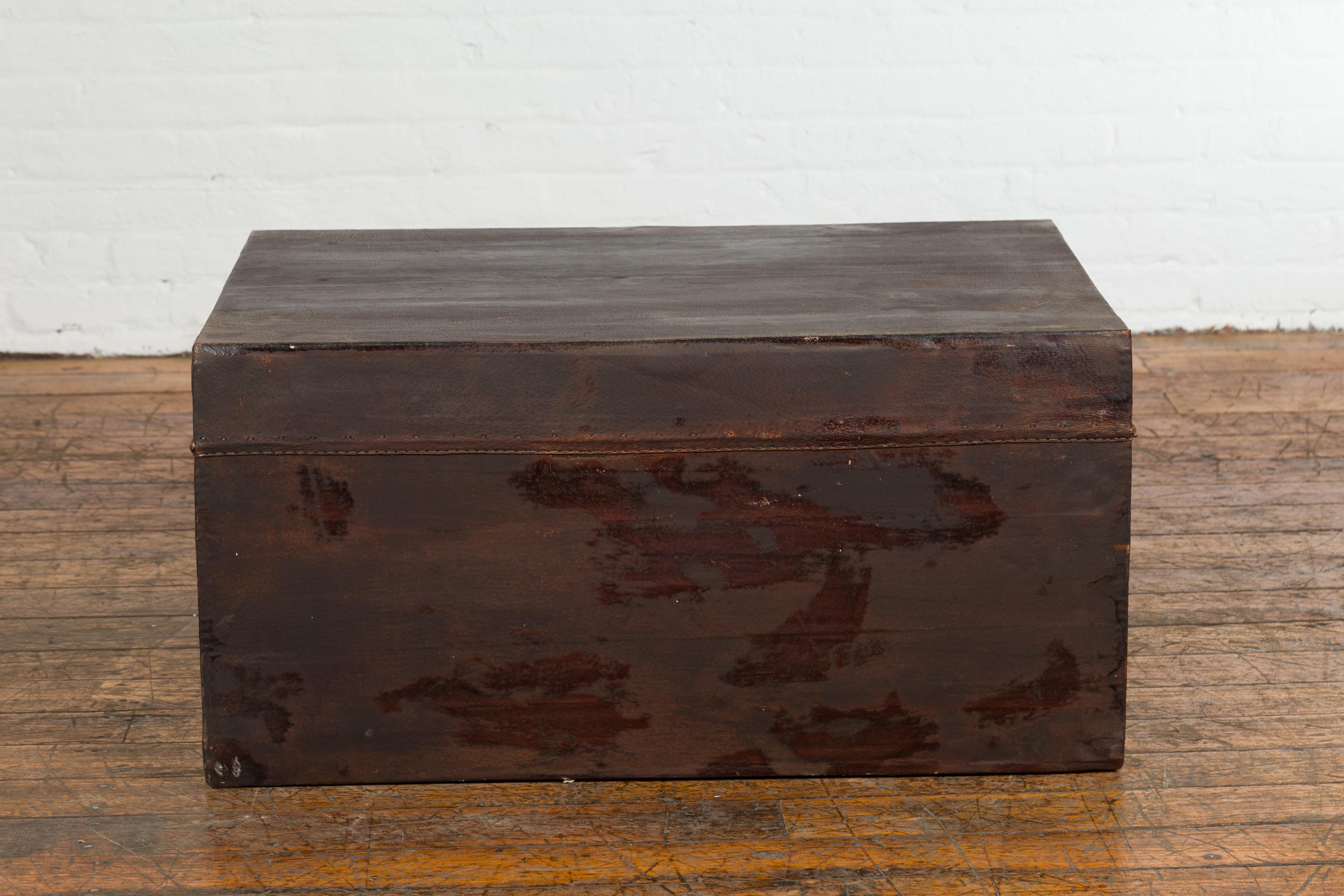 Brown Leather Brown Trunk with Etched Brass Lock and Distressed Patina For Sale 10