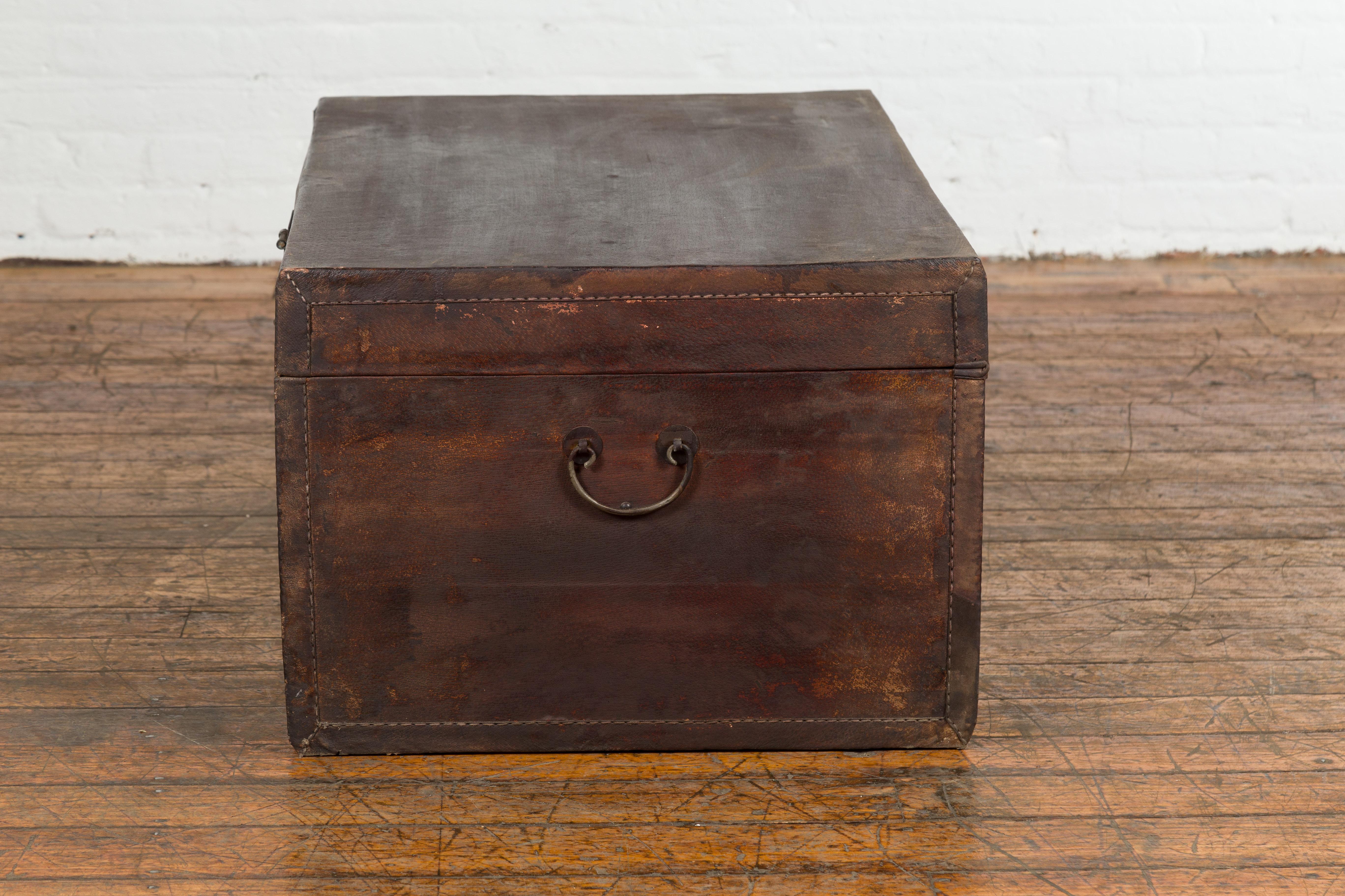 Brown Leather Brown Trunk with Etched Brass Lock and Distressed Patina For Sale 11