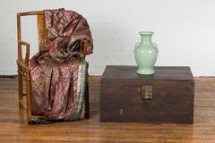 Brown Leather Brown Trunk with Etched Brass Lock and Distressed Patina
