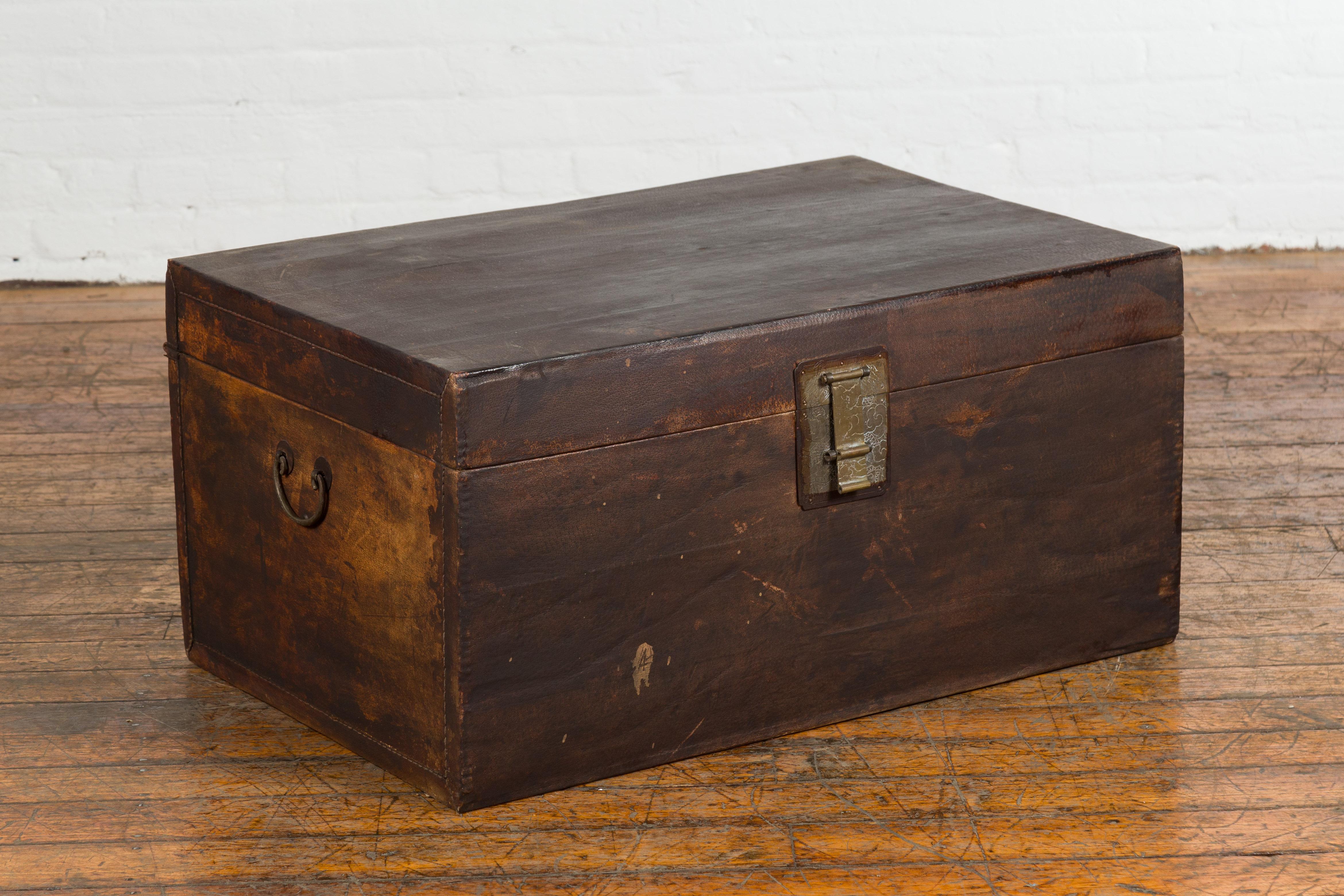 Qing Brown Leather Brown Trunk with Etched Brass Lock and Distressed Patina For Sale