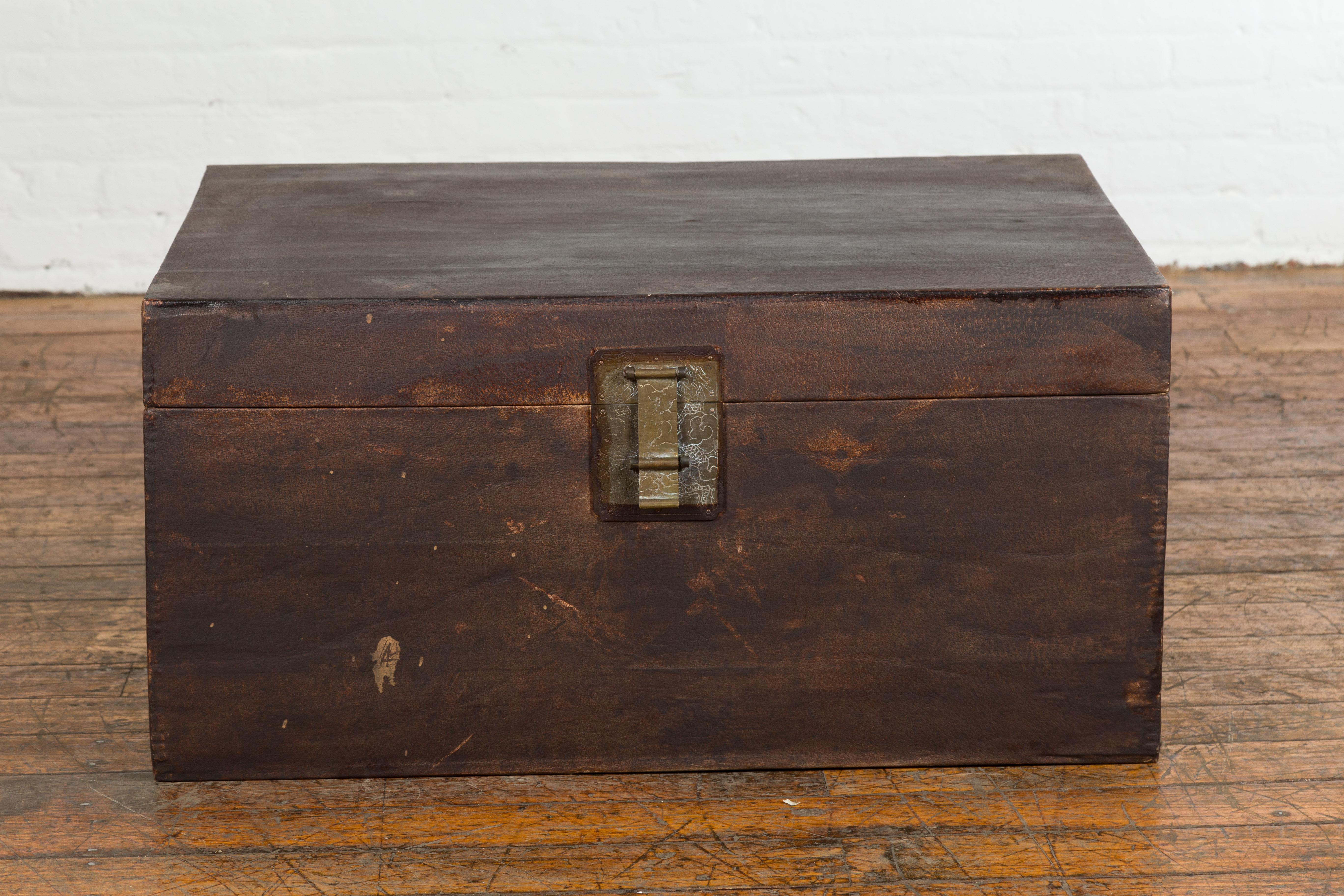 Chinese Brown Leather Brown Trunk with Etched Brass Lock and Distressed Patina For Sale