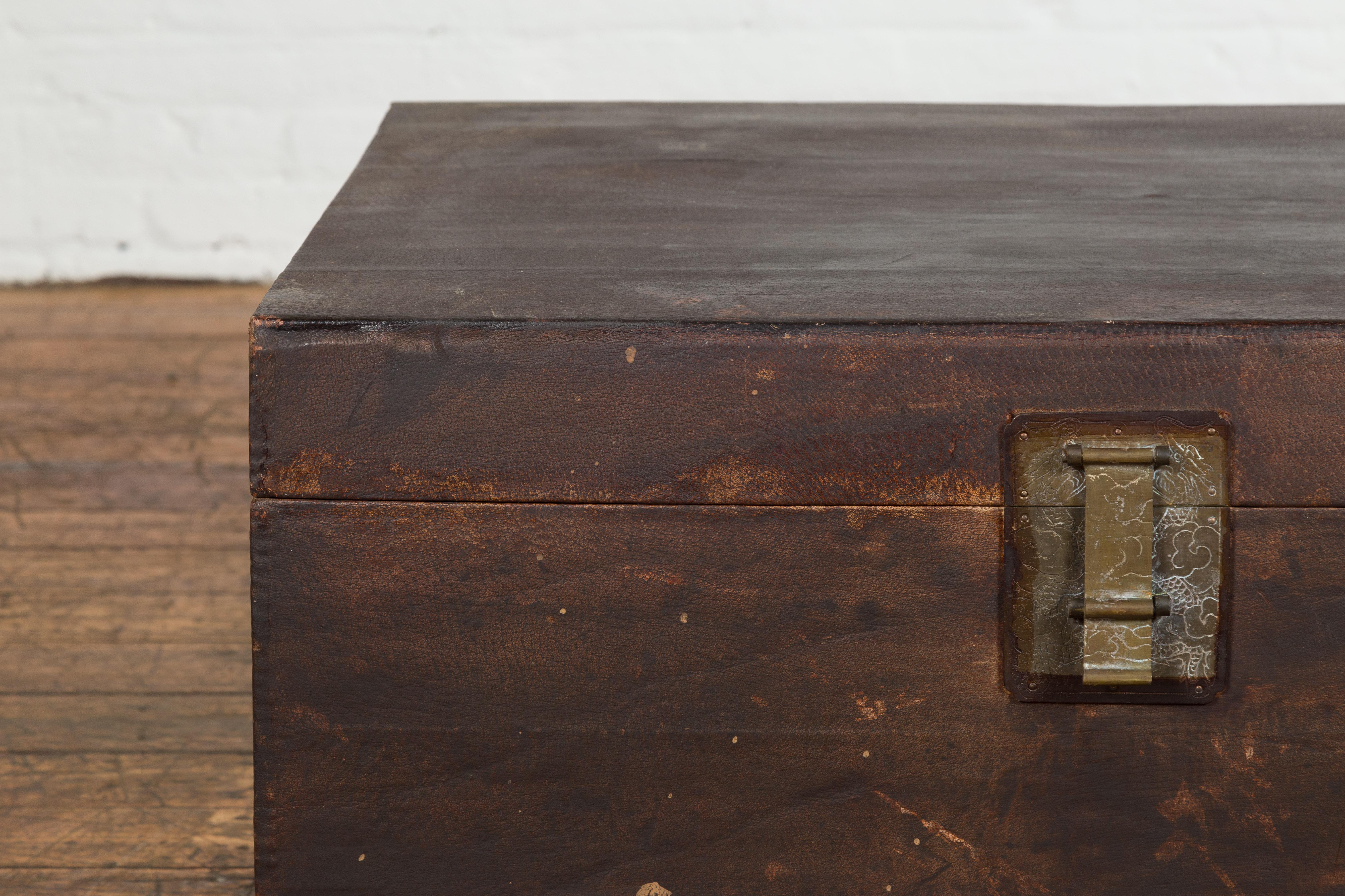 Brown Leather Brown Trunk with Etched Brass Lock and Distressed Patina In Good Condition For Sale In Yonkers, NY