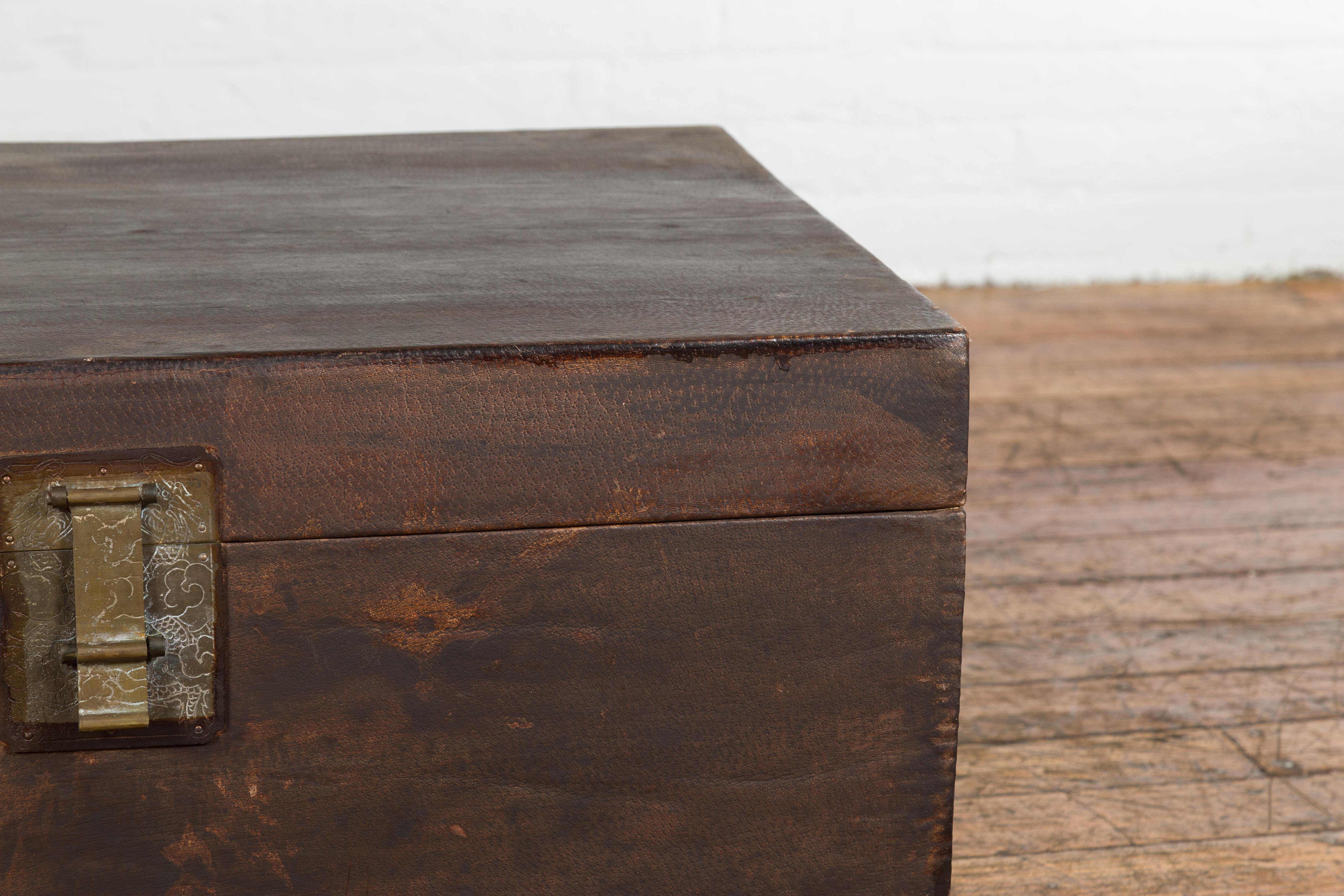 19th Century Brown Leather Brown Trunk with Etched Brass Lock and Distressed Patina For Sale