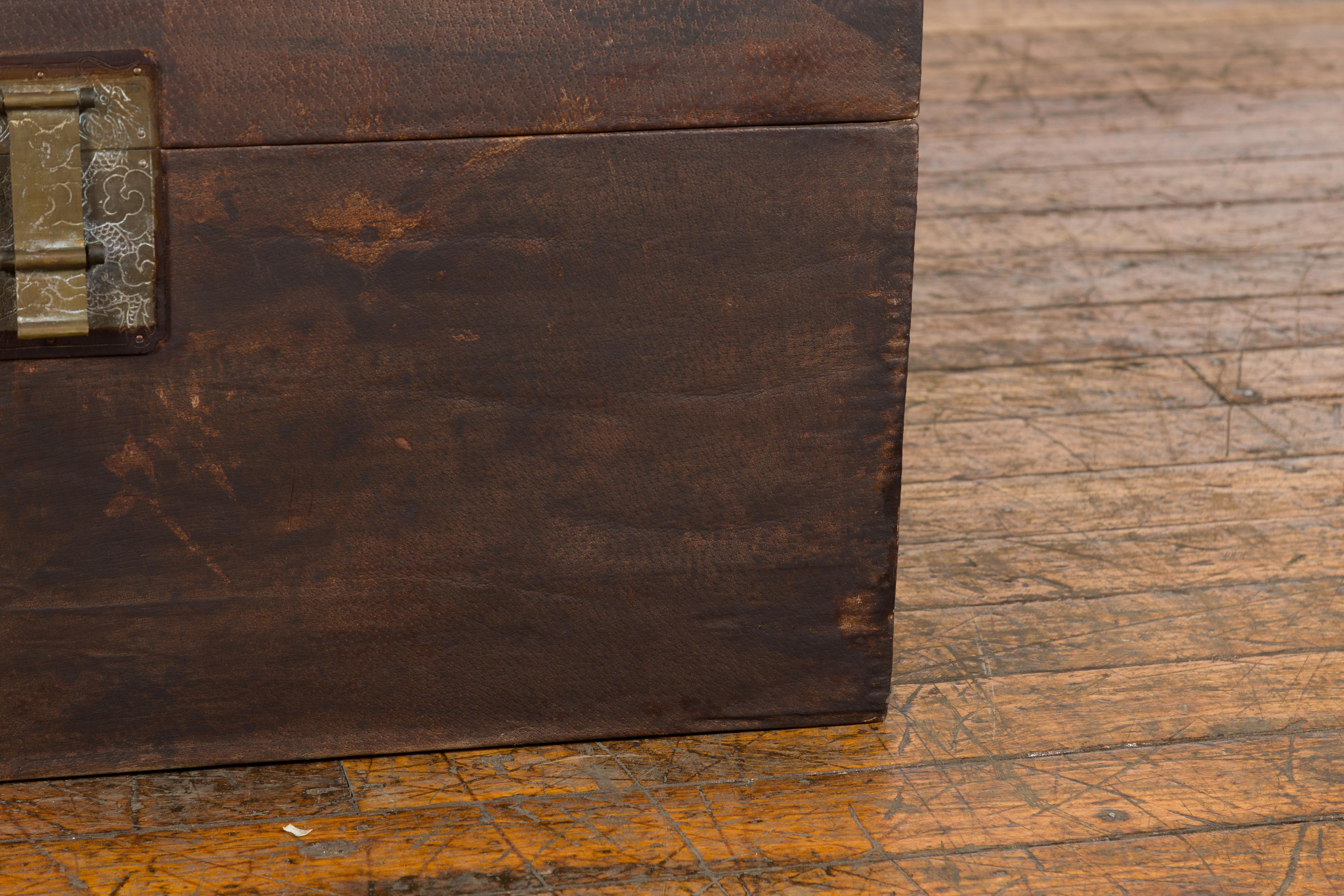 Brown Leather Brown Trunk with Etched Brass Lock and Distressed Patina For Sale 1