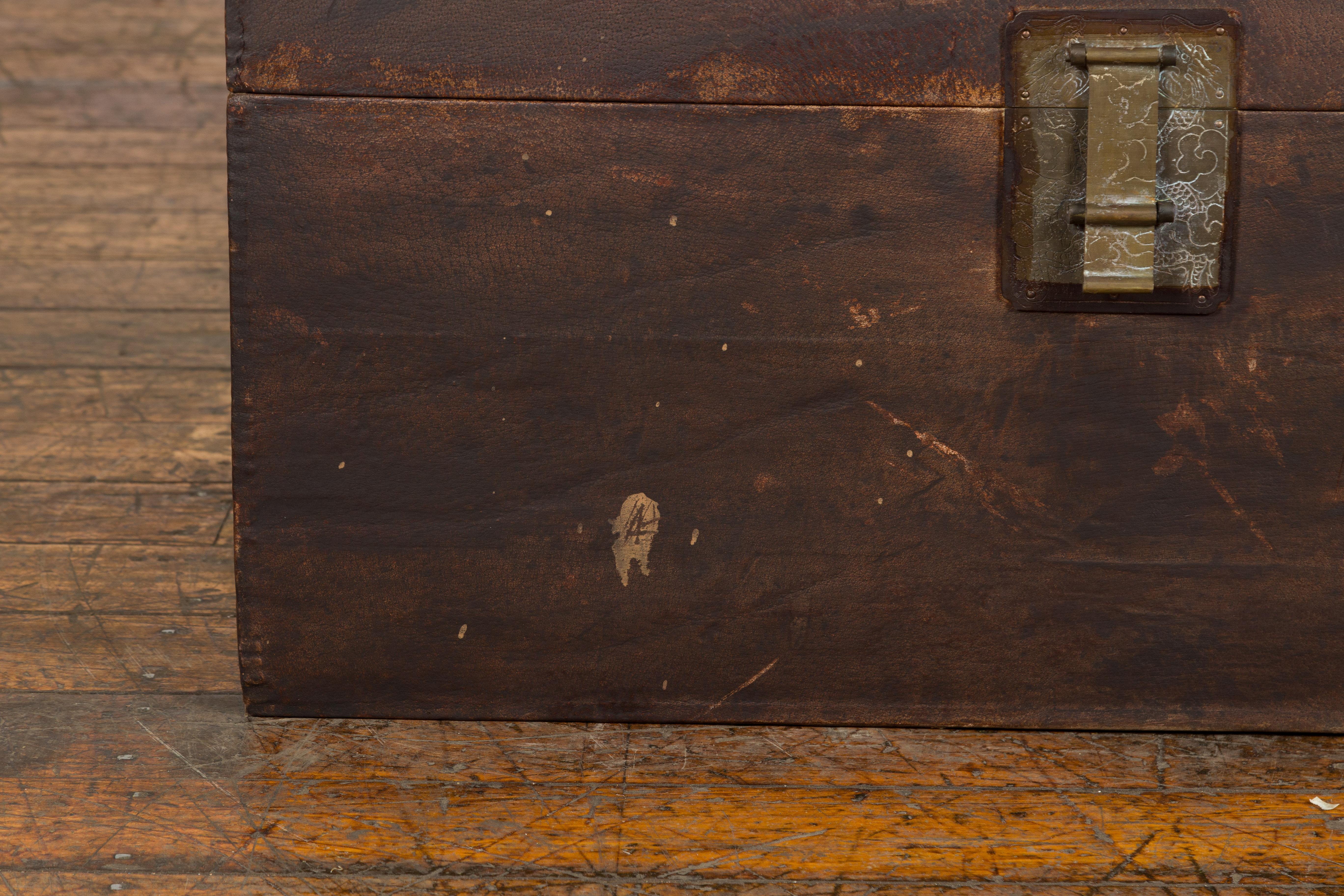 Brown Leather Brown Trunk with Etched Brass Lock and Distressed Patina For Sale 2
