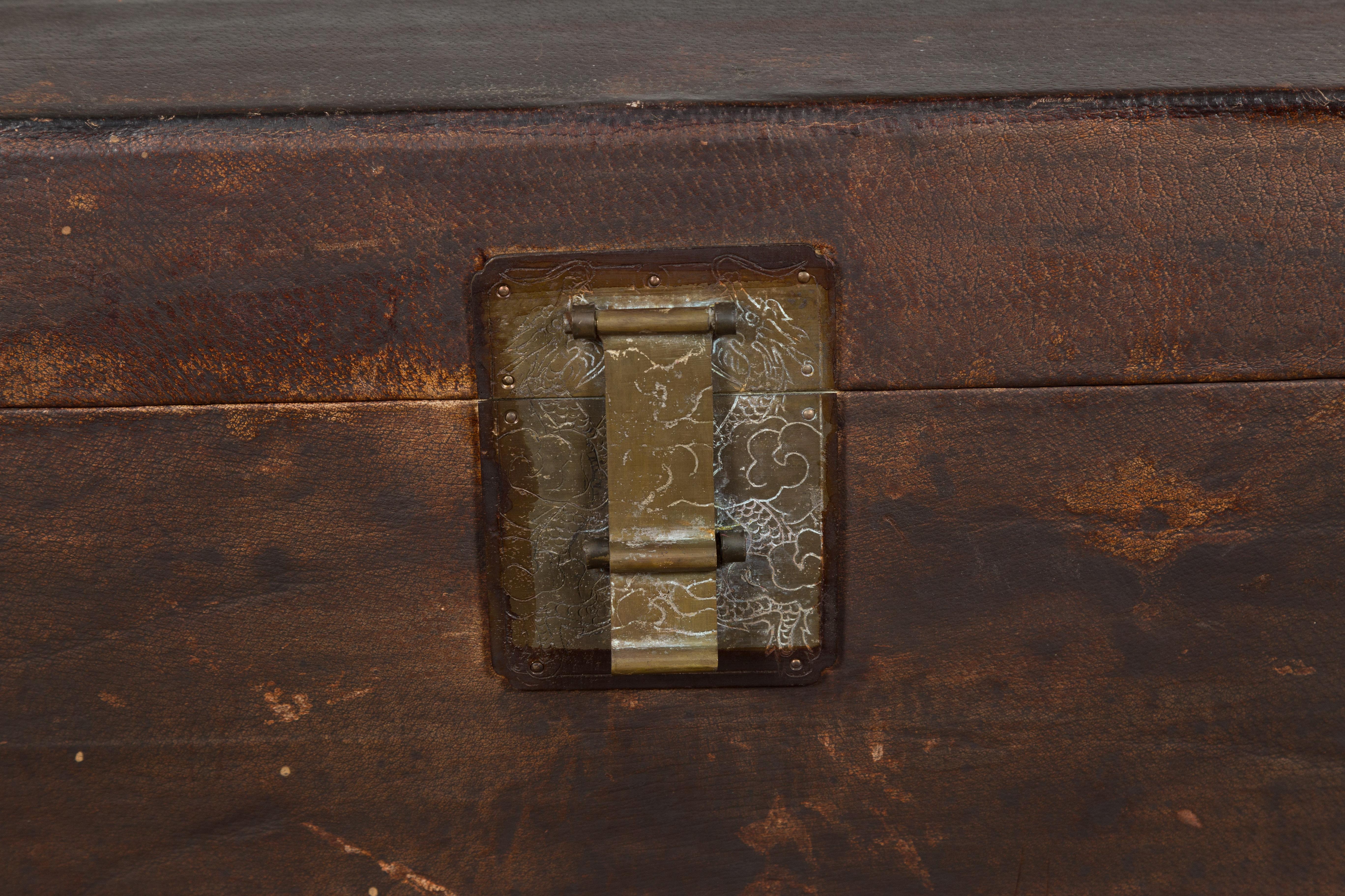Brown Leather Brown Trunk with Etched Brass Lock and Distressed Patina For Sale 3