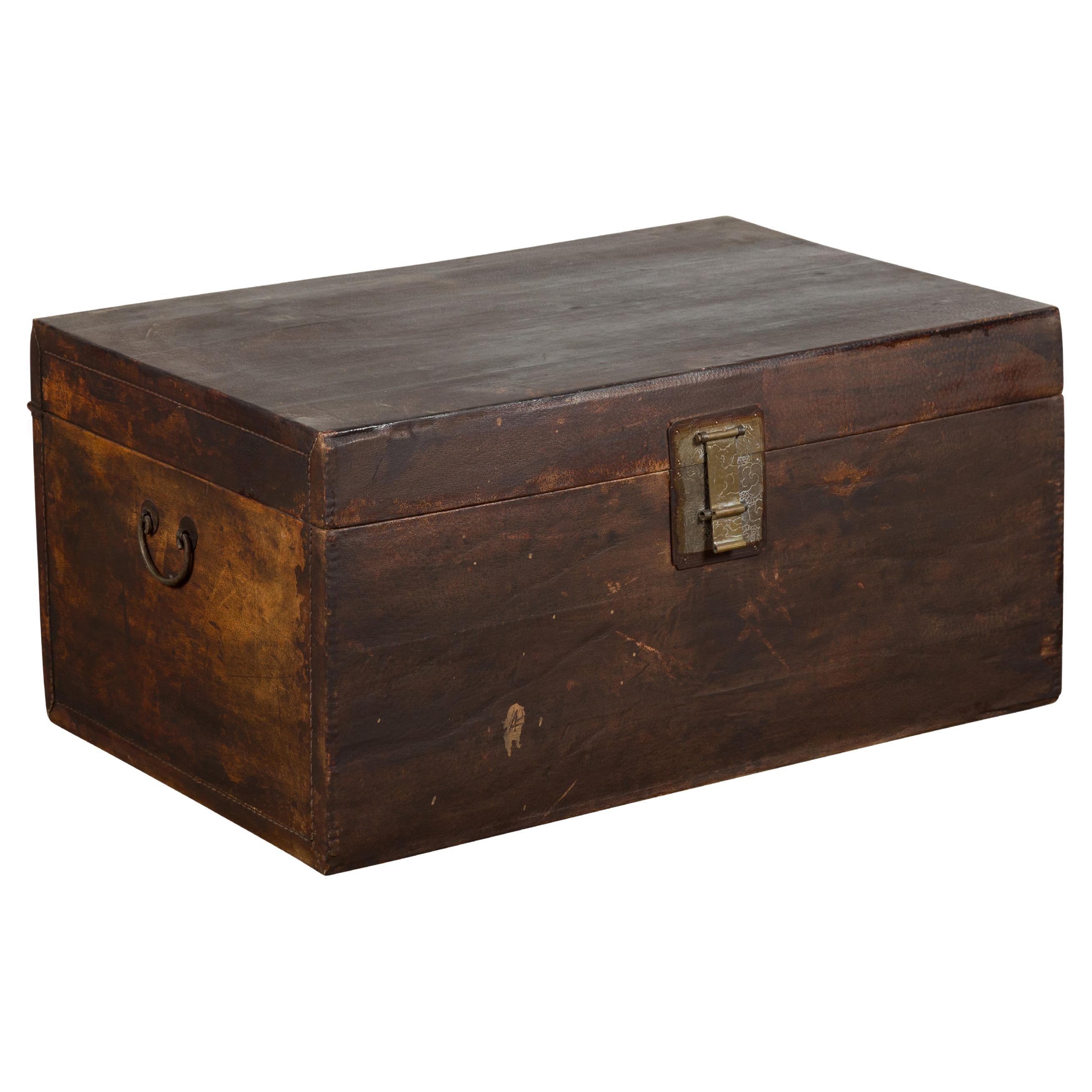 Brown Leather Brown Trunk with Etched Brass Lock and Distressed Patina For Sale