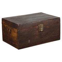 Antique Brown Leather Brown Trunk with Etched Brass Lock and Distressed Patina