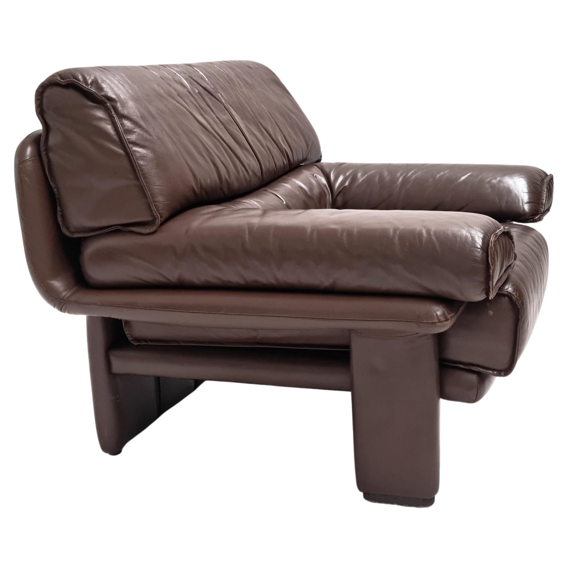 Brown Leather Brutalist Lounge Chair, 1970s For Sale