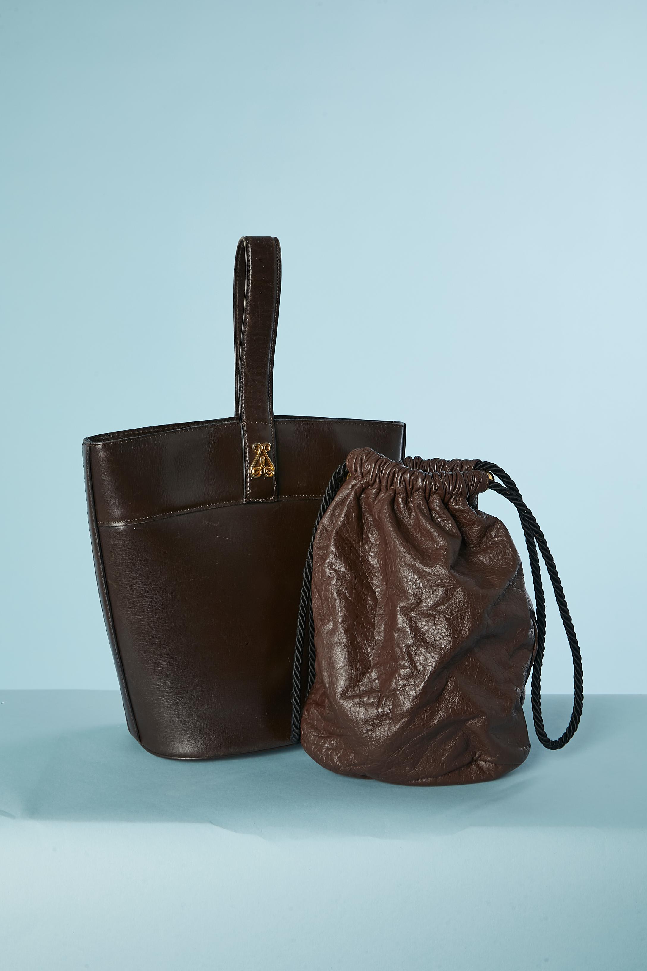 Brown leather bucket bag with soft leather bag with drawstring inside Rochas  For Sale 1
