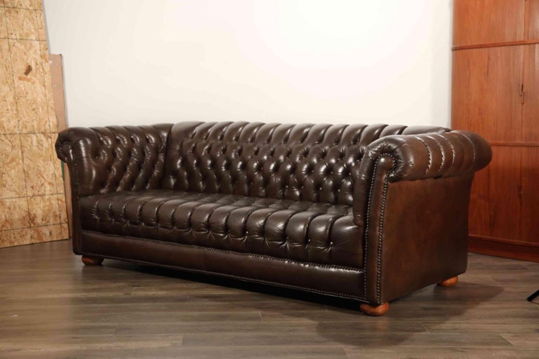 Brown Leather Button Tufted Chesterfield Sofa at 1stDibs