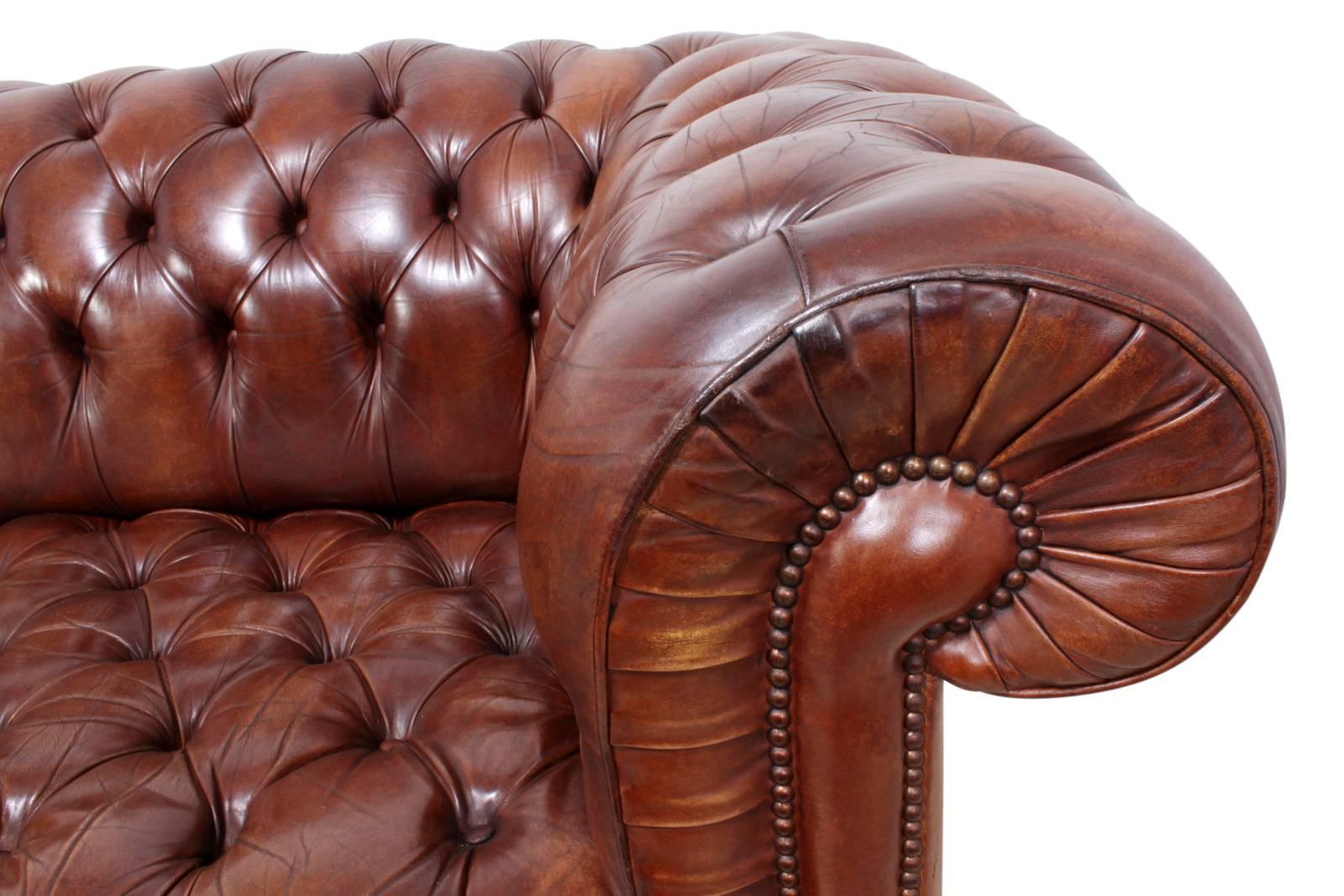 Brown leather buttoned chesterfield
A brown leather Chesterfield produced around the 1960s. Solid hardwood frame, thick Hand dyed, Chestnut brown leather upholstery, coil sprung seat, back and arms and turned feet. The sofa is in very good