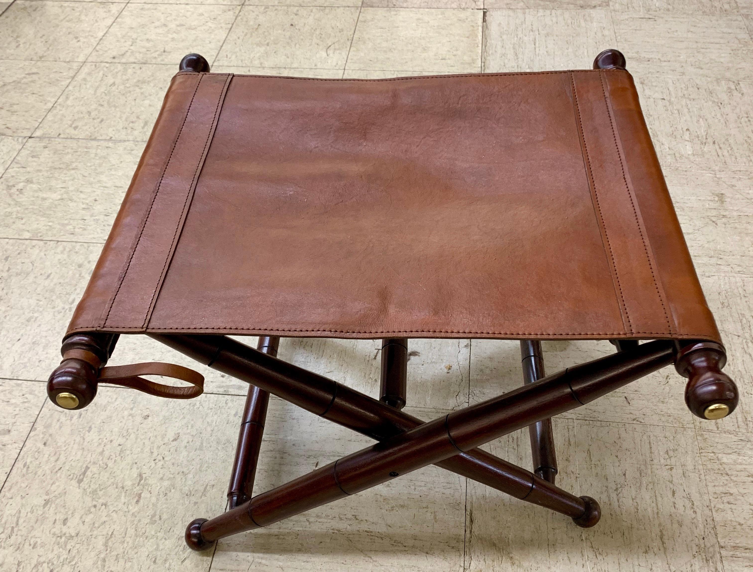 Brown Leather Campaign Folding Chair and Matching Ottoman Stool by Palecek In Excellent Condition In West Hartford, CT