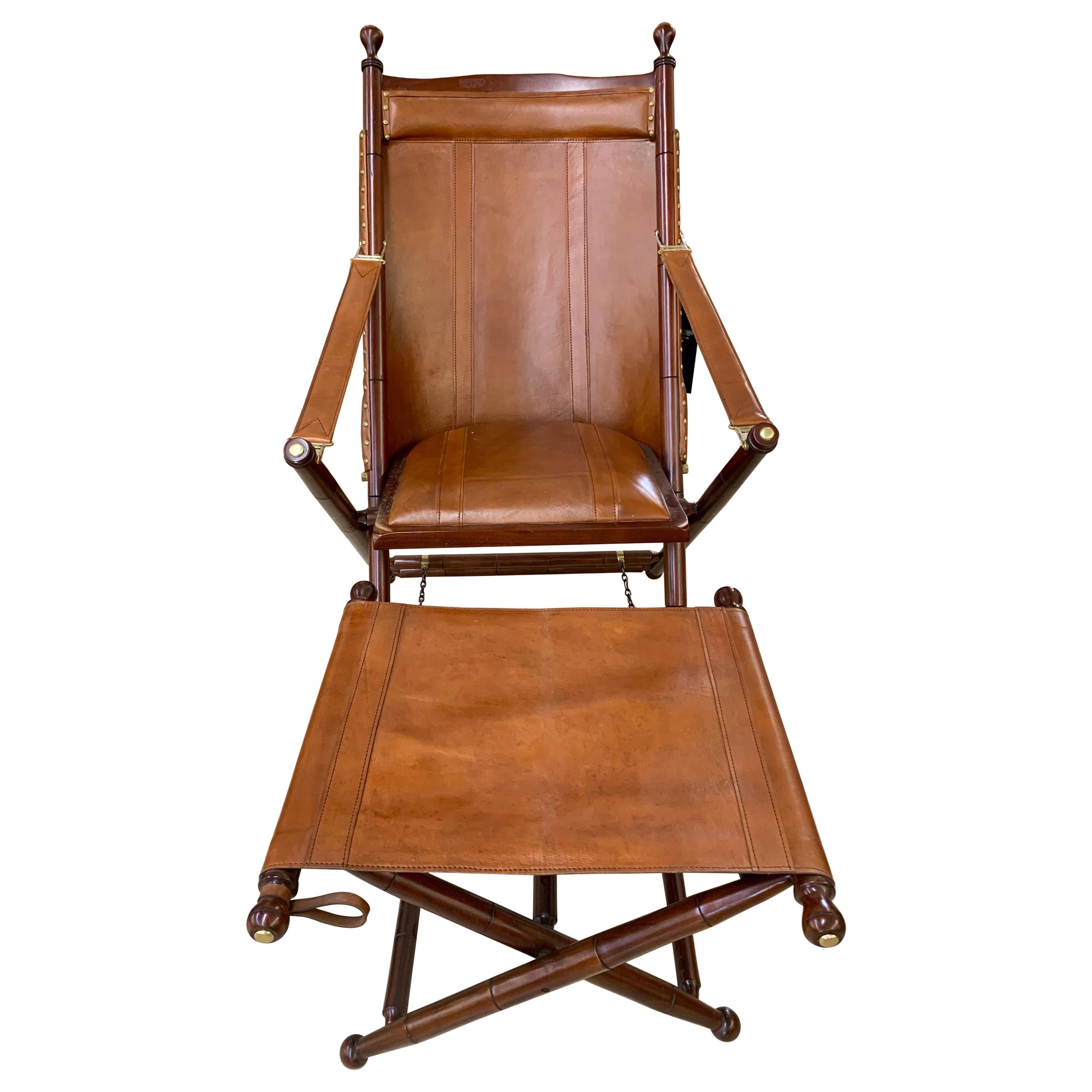 Brown Leather Campaign Folding Chair and Matching Ottoman Stool by Palecek