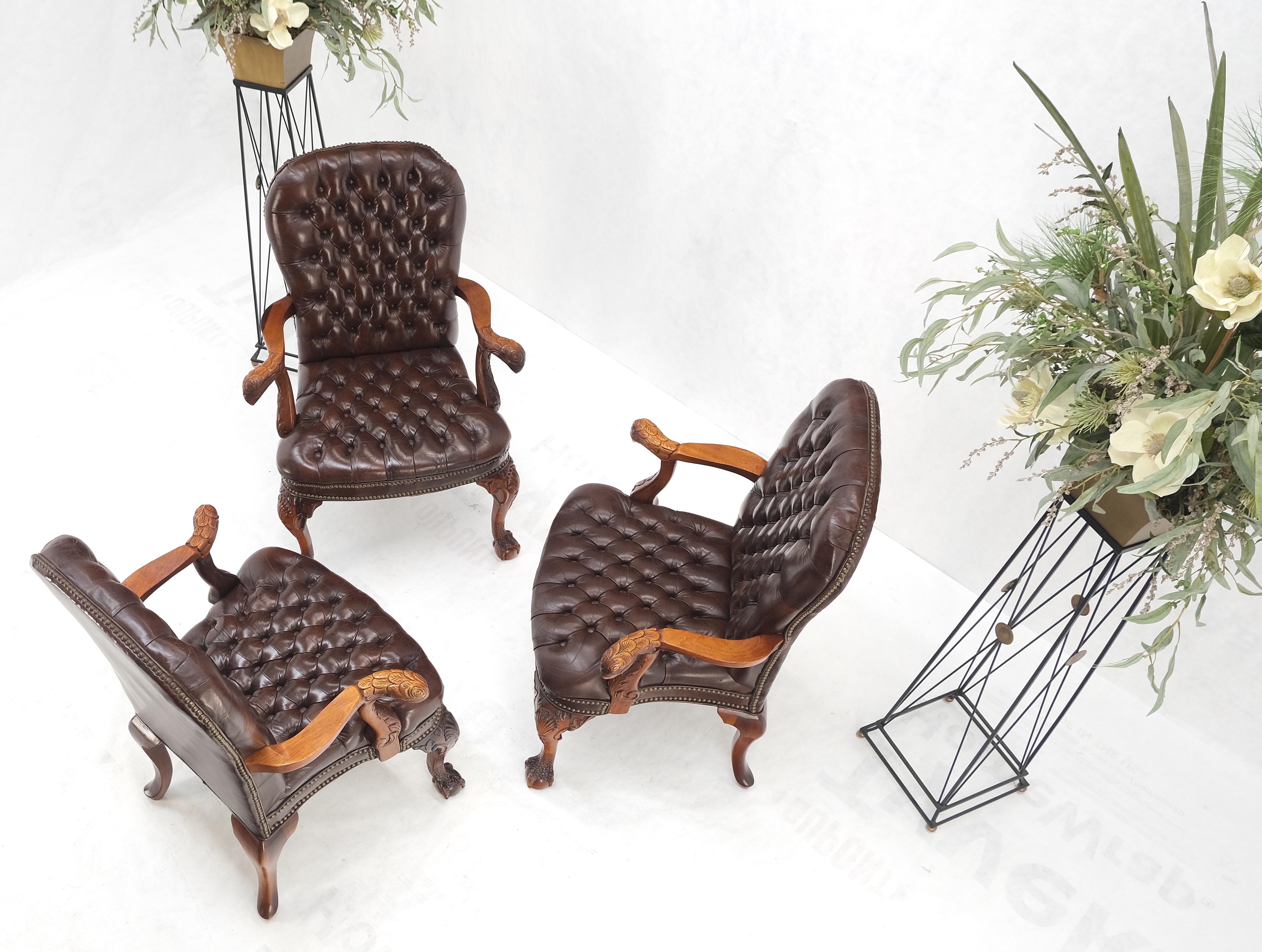 Brown Leather Chesterfield Backs & Seat Carved Walnut Armchairs Fireside Chairs For Sale 2