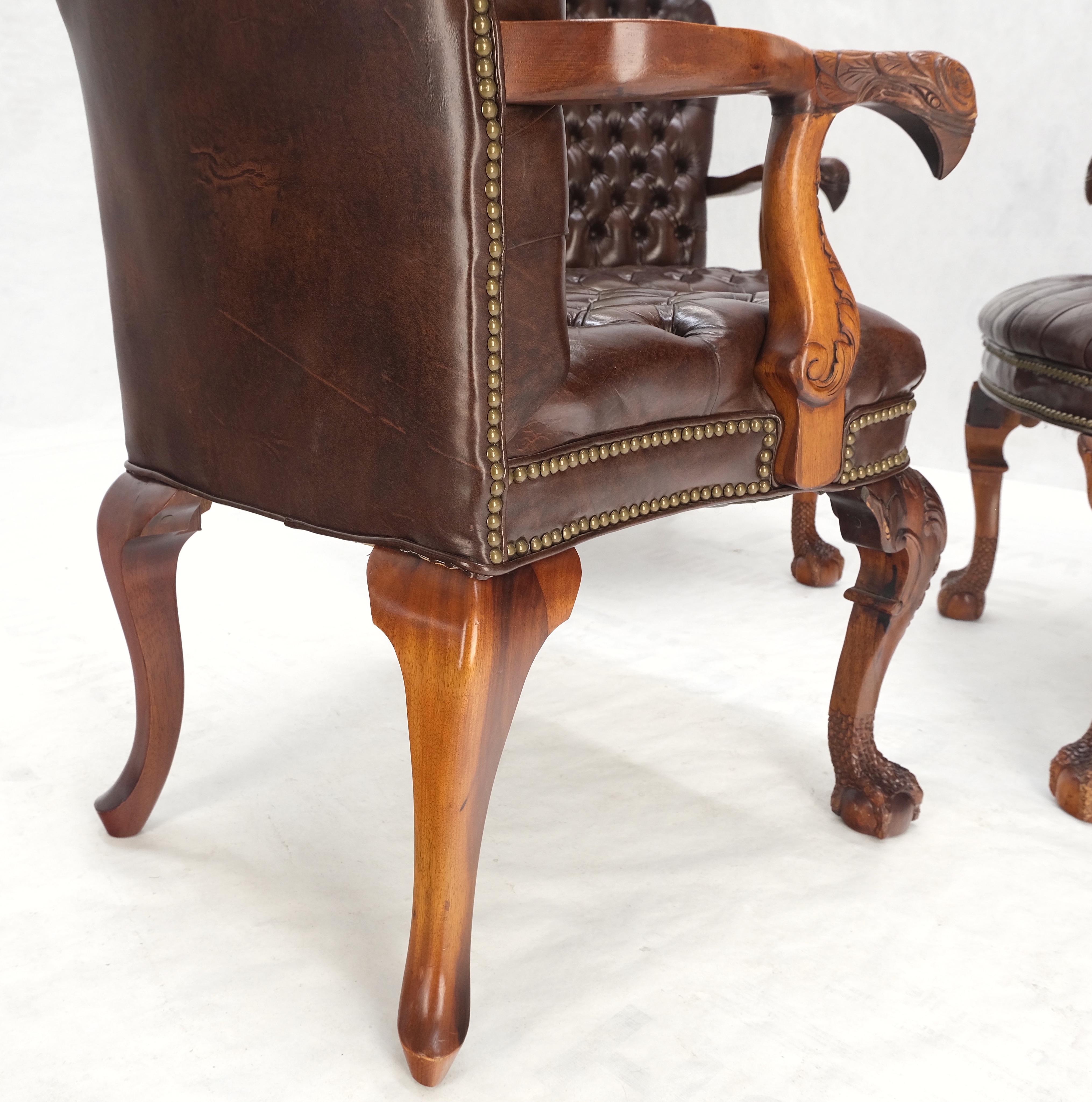 Brown Leather Chesterfield Backs & Seat Carved Walnut Armchairs Fireside Chairs For Sale 3