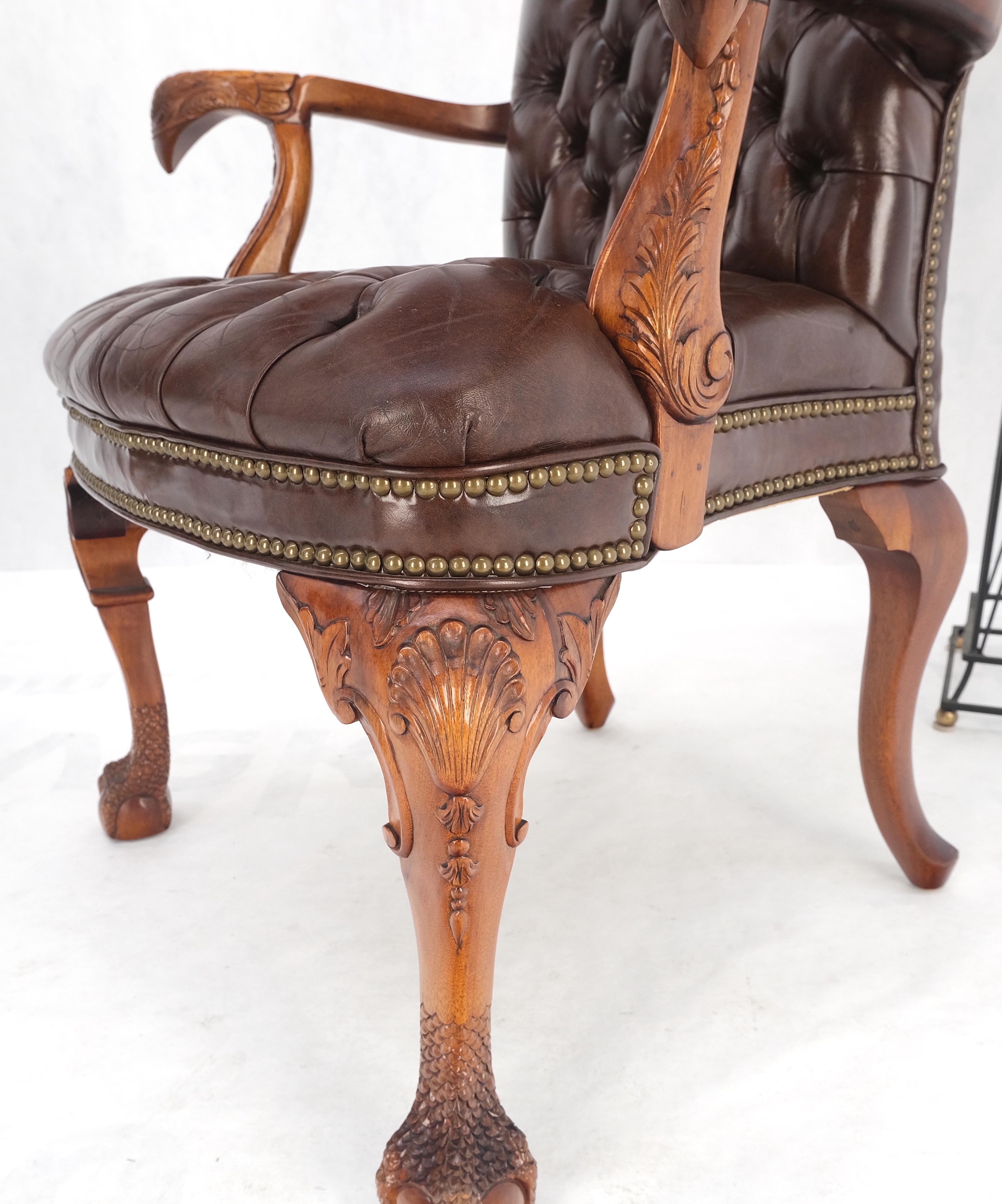 Brown Leather Chesterfield Backs & Seat Carved Walnut Armchairs Fireside Chairs For Sale 4