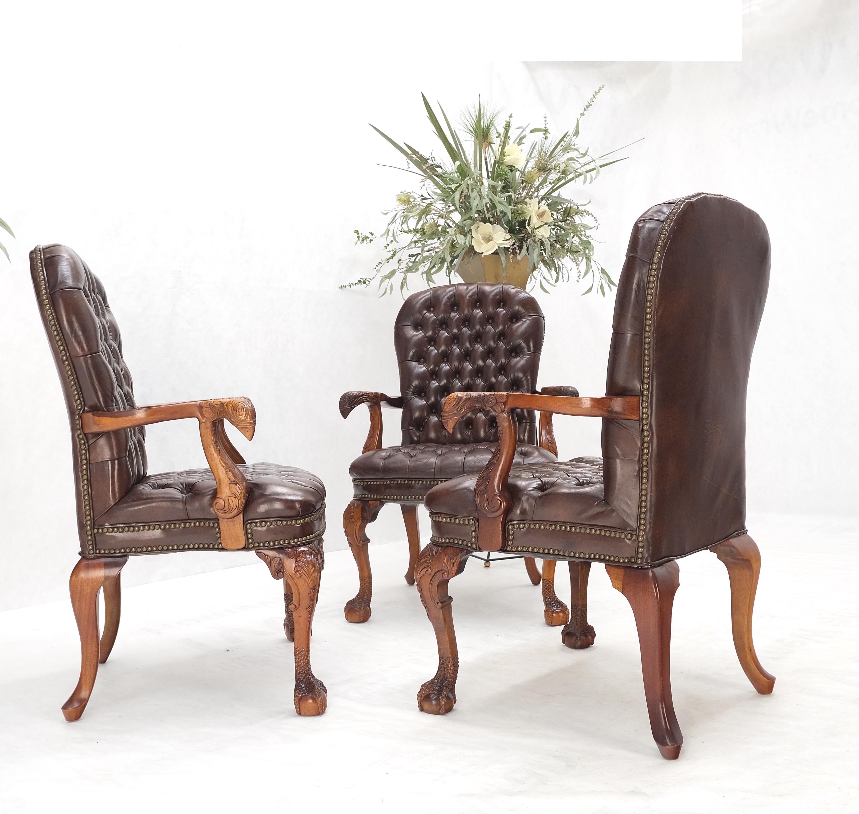 Brown Leather Chesterfield Tufted Backs & Seat Fine Carved Bird Head Walnut Armchairs Fireside Chairs MINT!