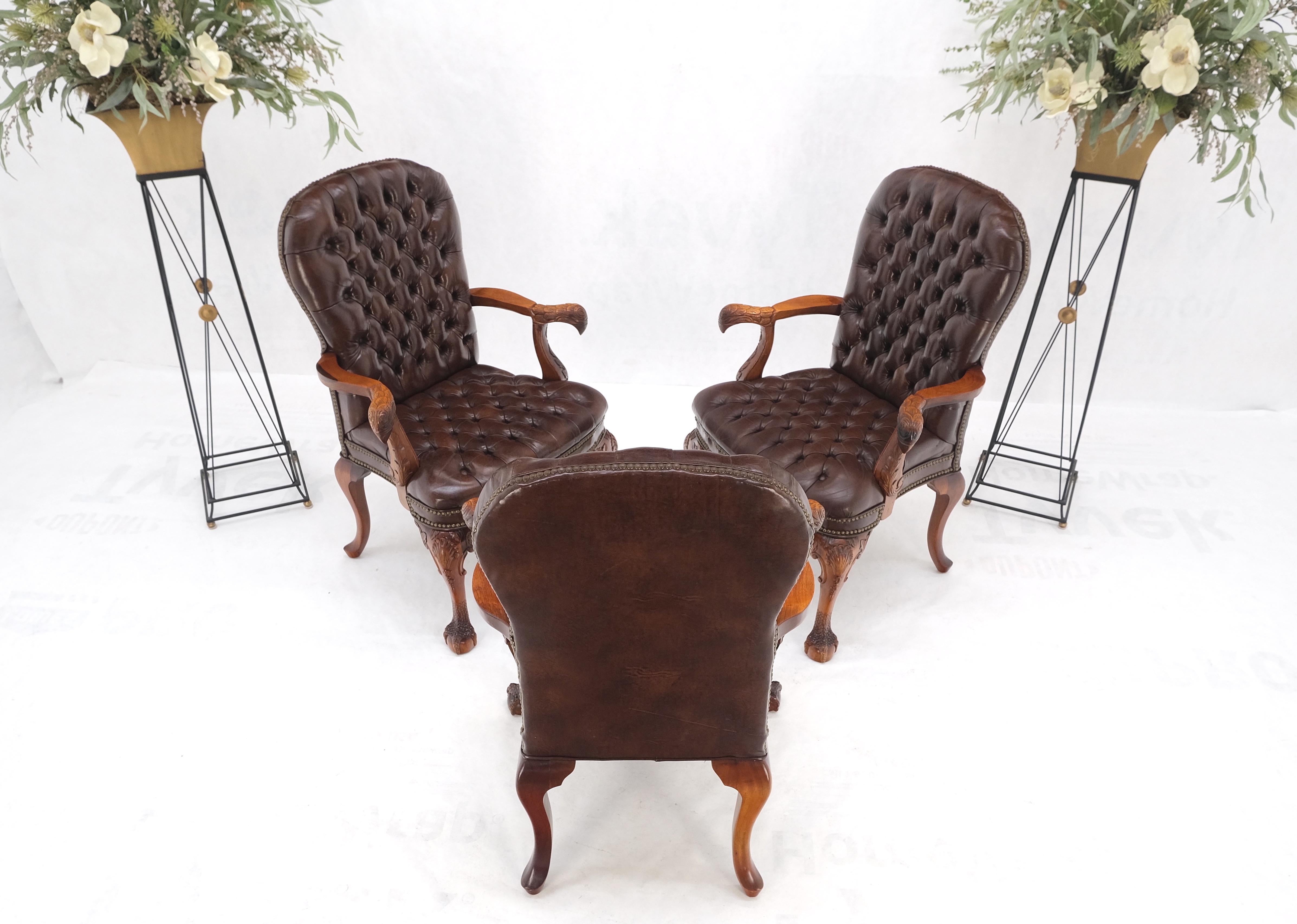 Mid-Century Modern Brown Leather Chesterfield Backs & Seat Carved Walnut Armchairs Fireside Chairs For Sale